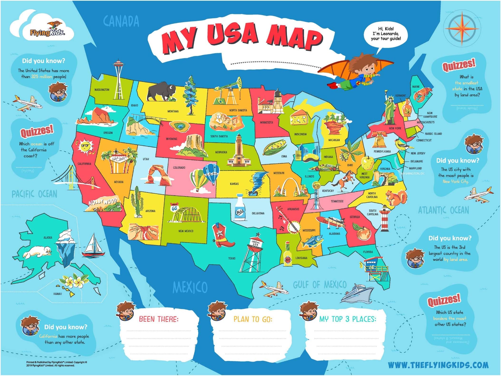 FlyingKids USA map Poster for Kids. Educational, Interactive, Personalized, Laminated Wall map. The United States map That Brings Geography Alive in a Fun Way.