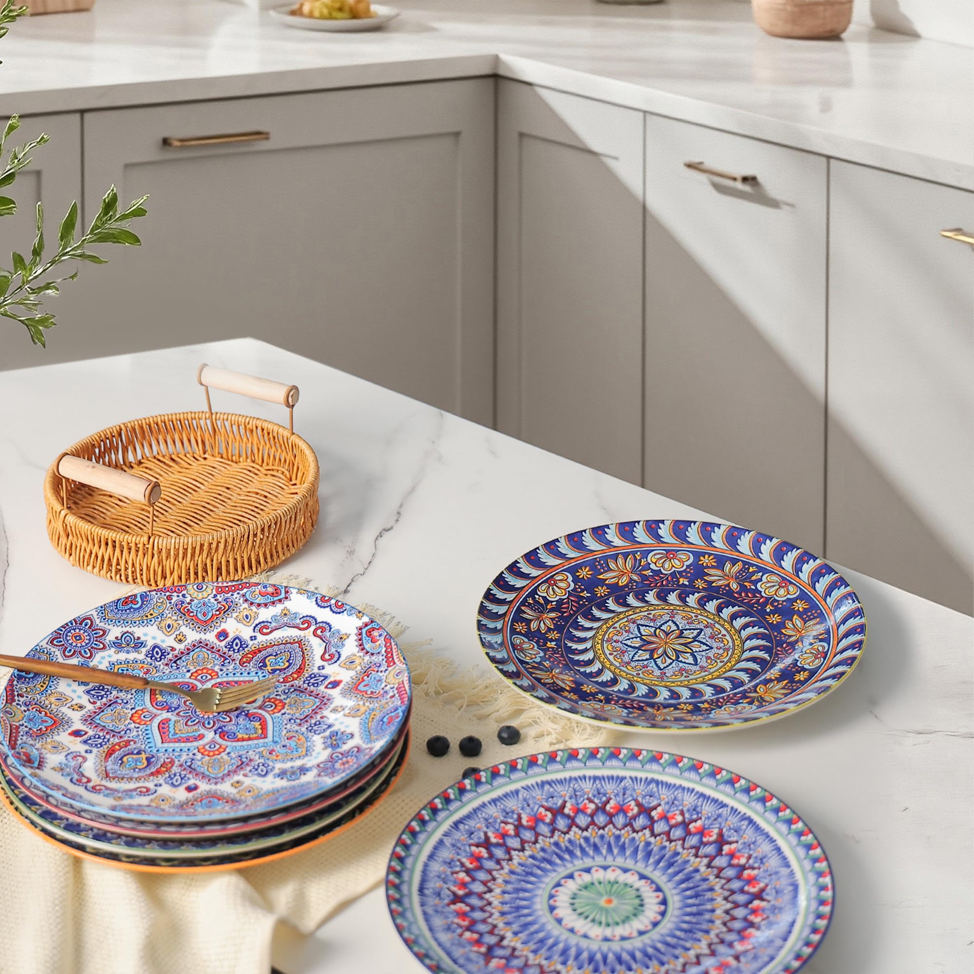 Juego de 6 platos de cocina de porcelana bohemia de 10.5 pulgadas, platos grandes de cerámica para servir platos para cocina y fiesta, aptos para microondas, horno, lavavajillas