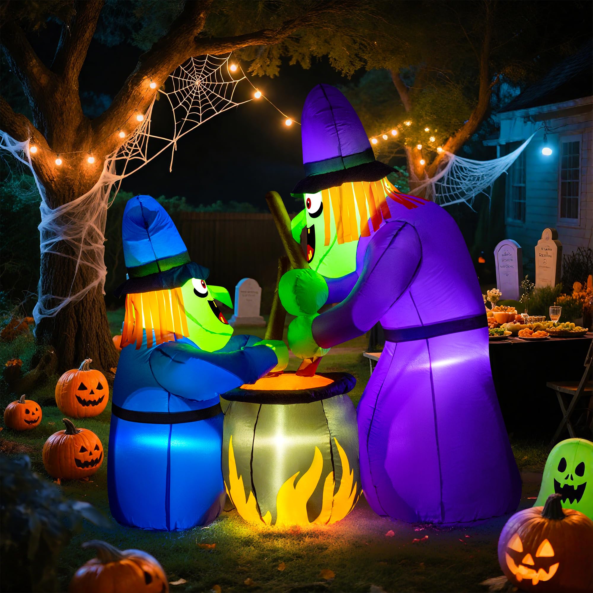 Solpex Decoración de Halloween, decoración Inflable de Bruja, 150 cm/5 pies LED Blancos Integrados, Espeluznante Inflable para Fiestas, jardín, Ventanas (Lila y Azul)