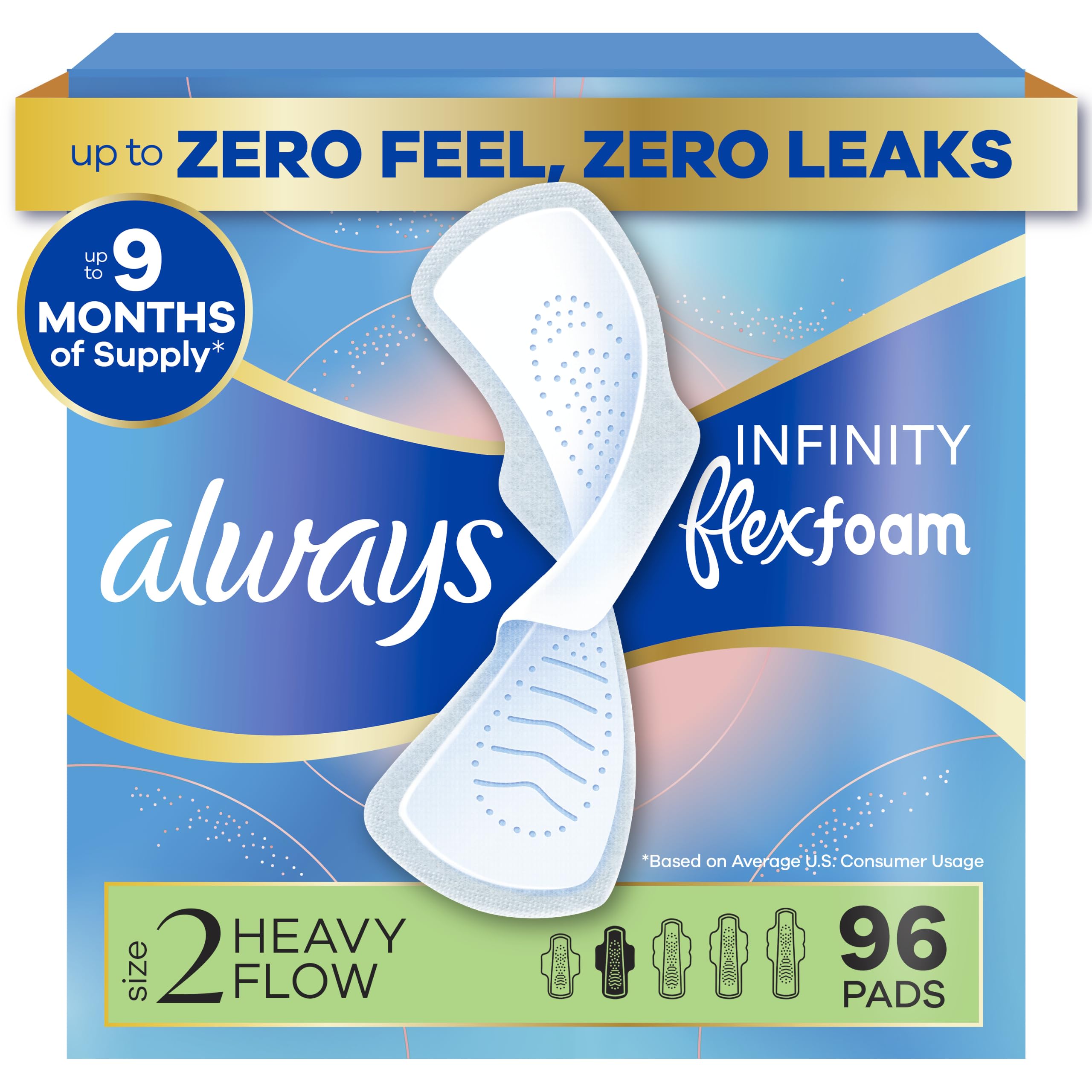 Always Infinity Feminine Pads for Women, Flexfoam Pads Without Wings, Size 2, Heavy Absorbency, Unscented, 96 Count (3 Packs of 32)