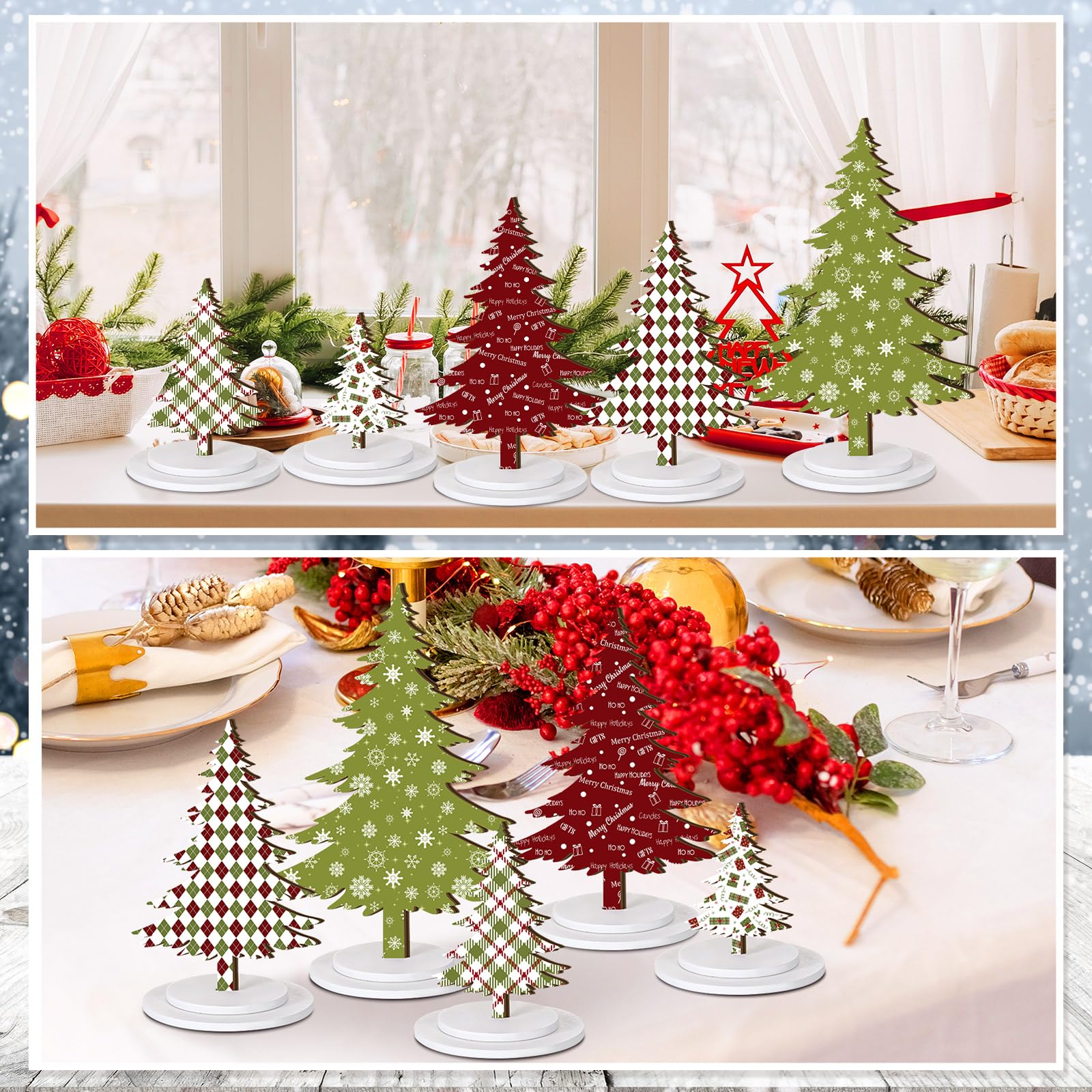 Soaoo 5 Pcs Wooden Christmas Tree Tabletop Centerpieces - Tiered Tray Decoration for Table, Shelf, Mantel - Red, Green, and White Winter Gift for Home Decor