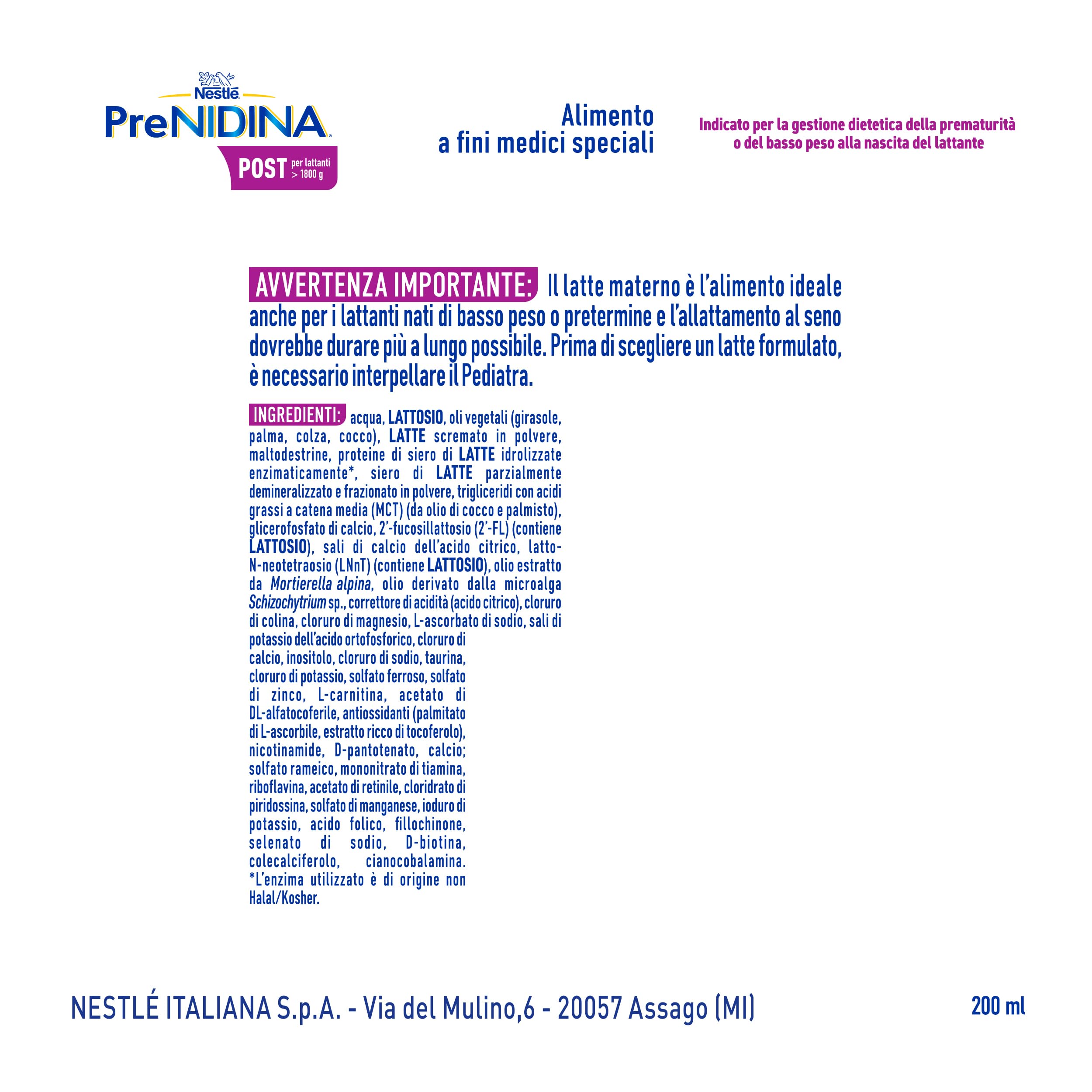 PreNIDINA Post Liquido Alimento a Fini Medici Speciali, 12 bottigliette da 200ml (2,4L)