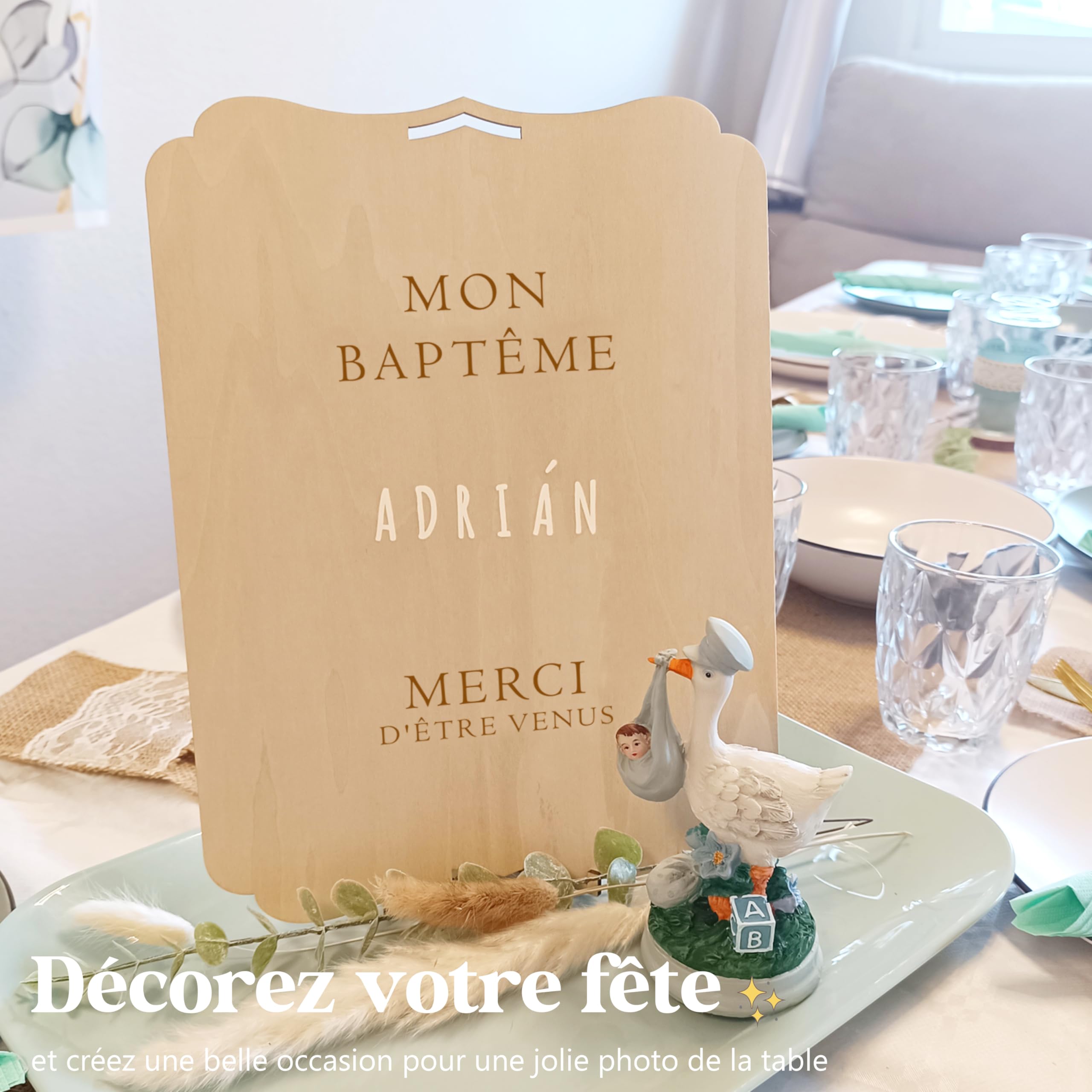 nagu® Baptême Décoration | Panneau Personnalisé en Bois 30x22 cm | Poster Baptême Fille ou Garçon avec Lettres Autocollantes | Pancarte avec Support & Trou pour Accrocher