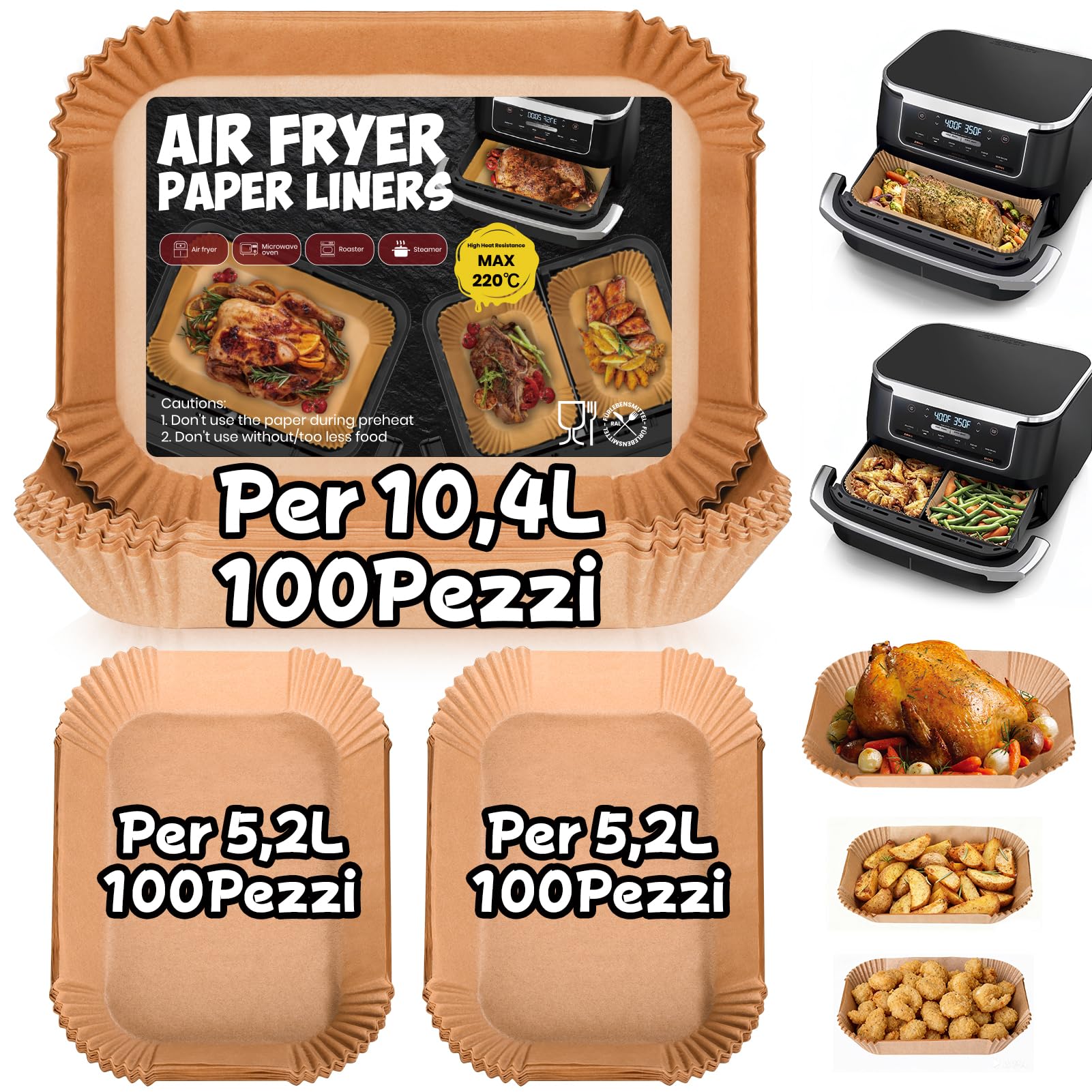 300 Pezzi Carta Forno Friggitrice ad Aria per Ninja Foodi Flexdrawer 10,4L, Accessori per Ninja Foodi AF500EU AF500EUCP Airfryer, Carta da Forno Airfryer per Cosori Dual Blaze TwinFry 10L/ Cecotec 9L