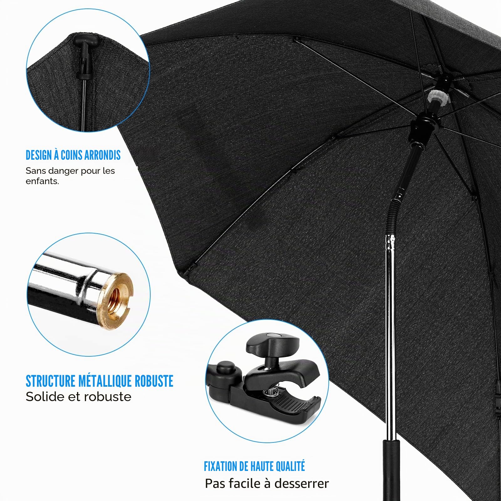 Ombrelle Universelle pour Poussette, Parasol Anti UV 50+ pour Landau, Flexible et Orientable, Diamètre 78 cm, Fixation pour Tube Rond ou Oval, avec Clip pour Fauteuil Roulant Poussette