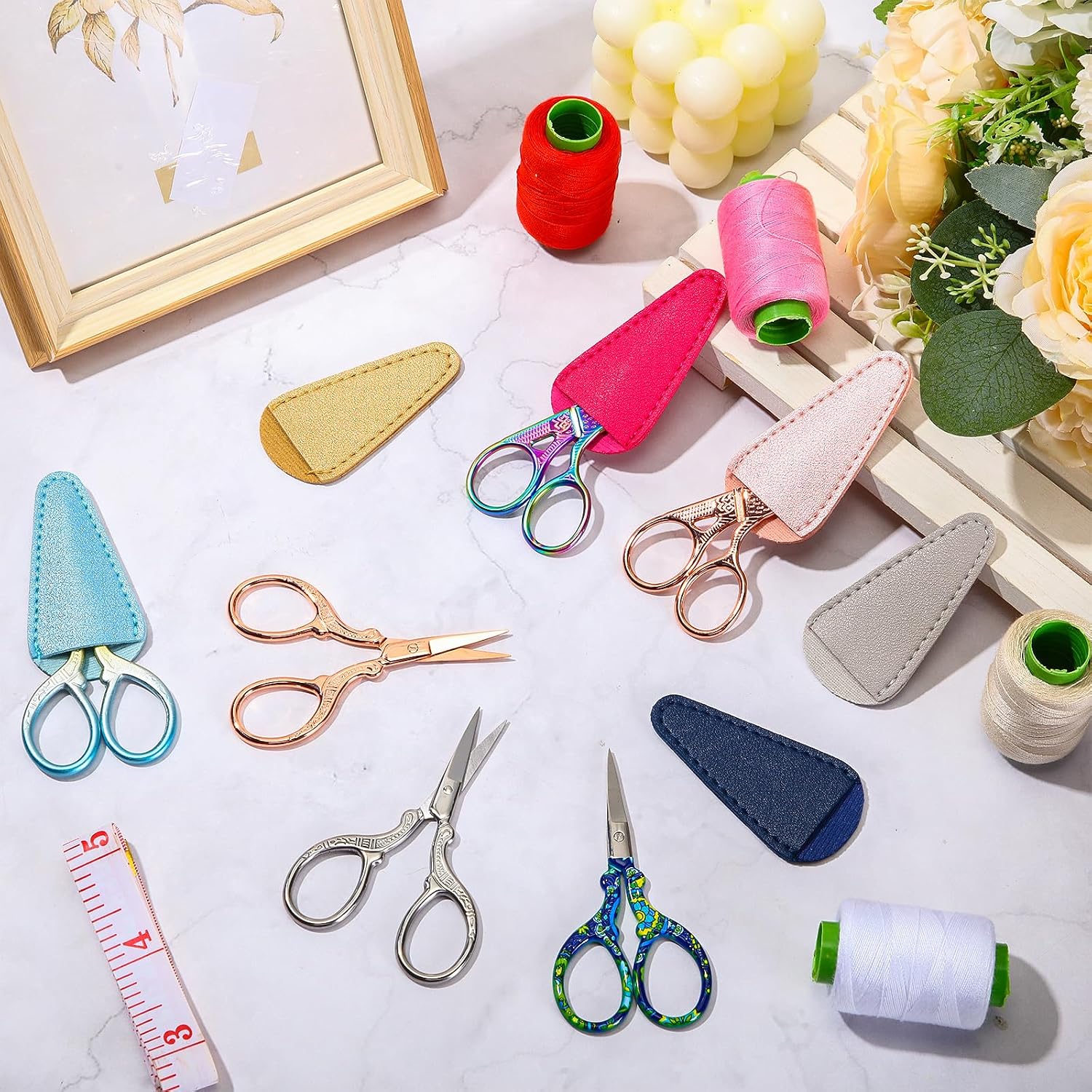 Lasnten 24 Pcs Embroidery Scissors Bulk 3.6" Sewing Stork Scissors with Artificial Leather Cover, Vintage Stainless Steel Rainbow Small Craft Sewing Tool for DIY Needlework Thread Cutting