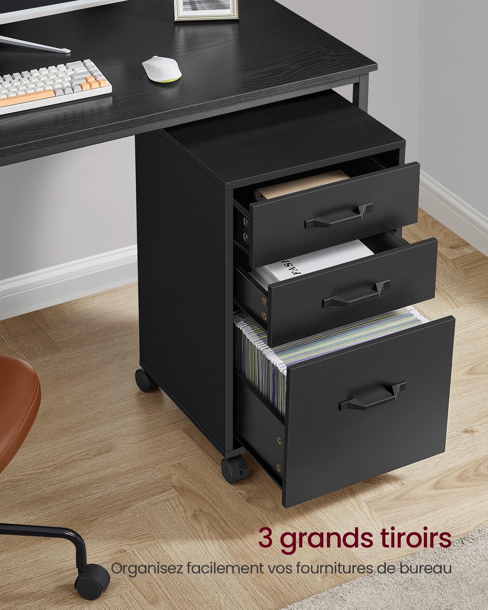 VASAGLE Custos Collection - Caisson de Bureau, Meuble de Bureau à 3 Tiroirs, Casier sur roulettes, pour Documents Format A4, Tringle Réglable, Noir d'encre OFC065BC01