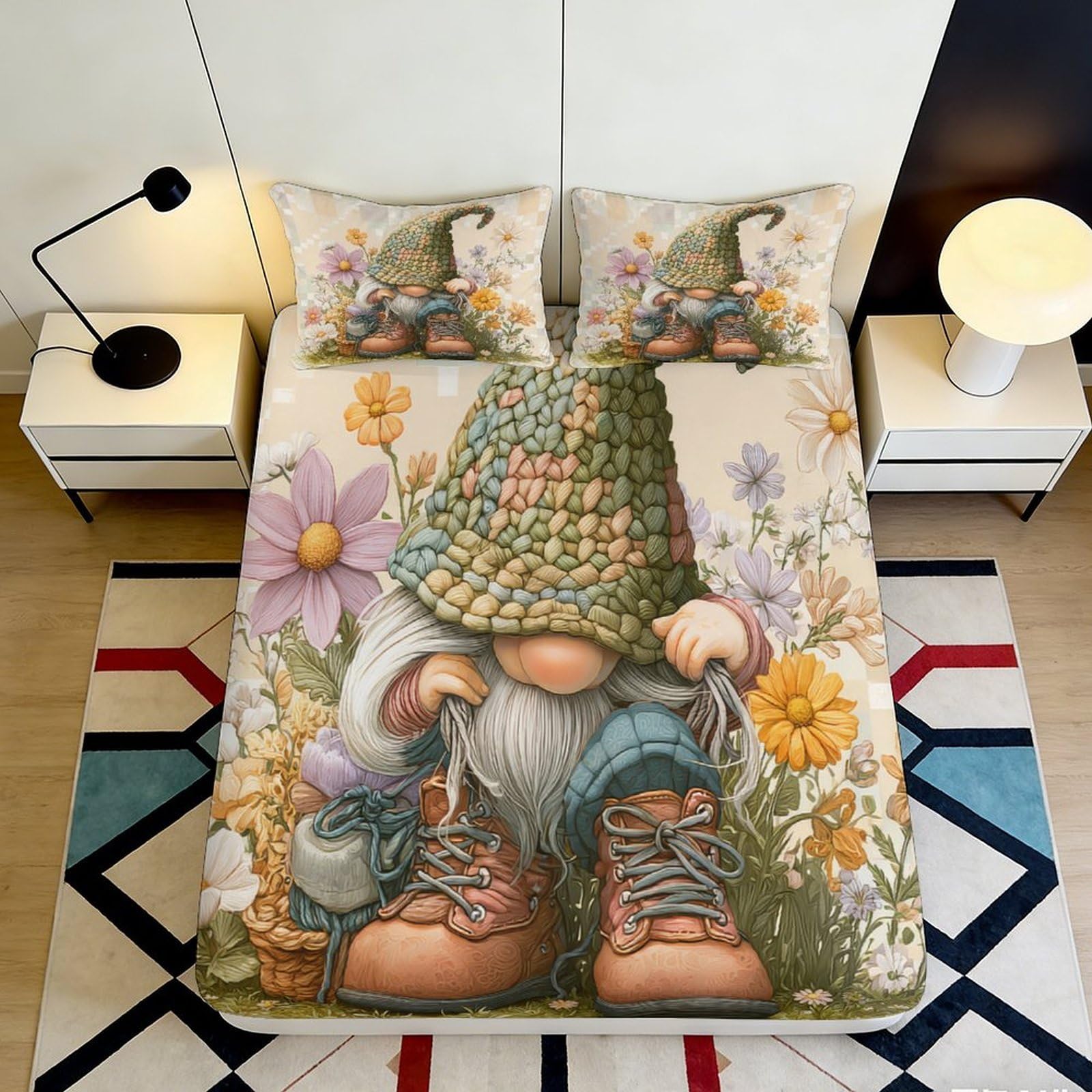 Jqzkxnhpbr Style-4 3D Printed Gnome Floral Fitted Sheet Microfiber Non Slip Spring Garden Mattress Cover For Bedroom Decor 90X200x25cm