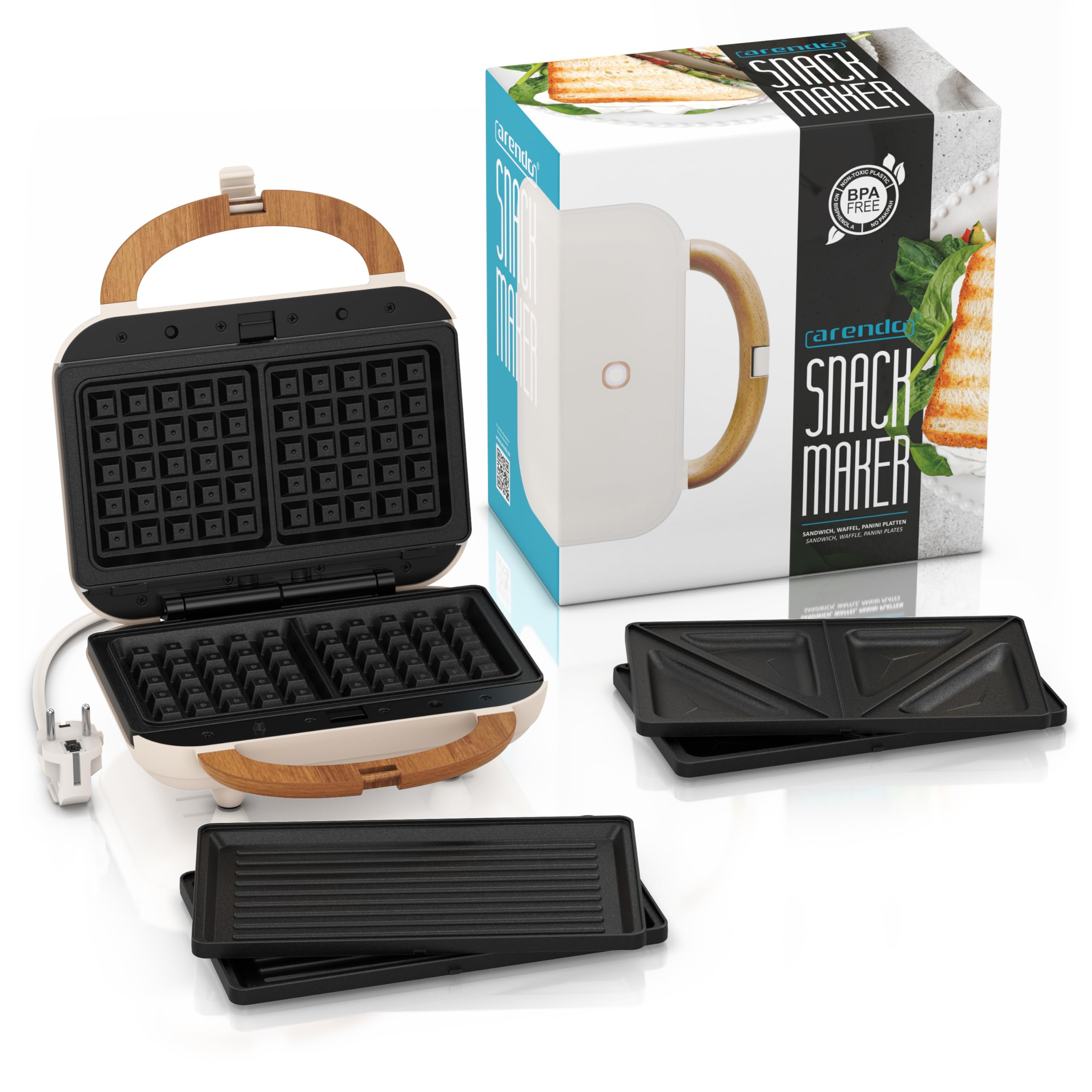 Arendo Sandwichmaker 3in1 Waffeleisen Kontaktgrill mit abnehmbaren Platten 2 Zonen Antihaftbeschichtung BPA frei Temperaturkontrolle