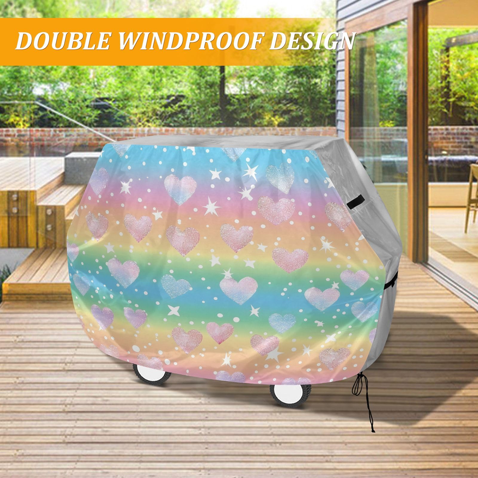 Copertura per barbecue a forma di cuore arcobaleno pastello impermeabile resistente per barbecue all'aperto