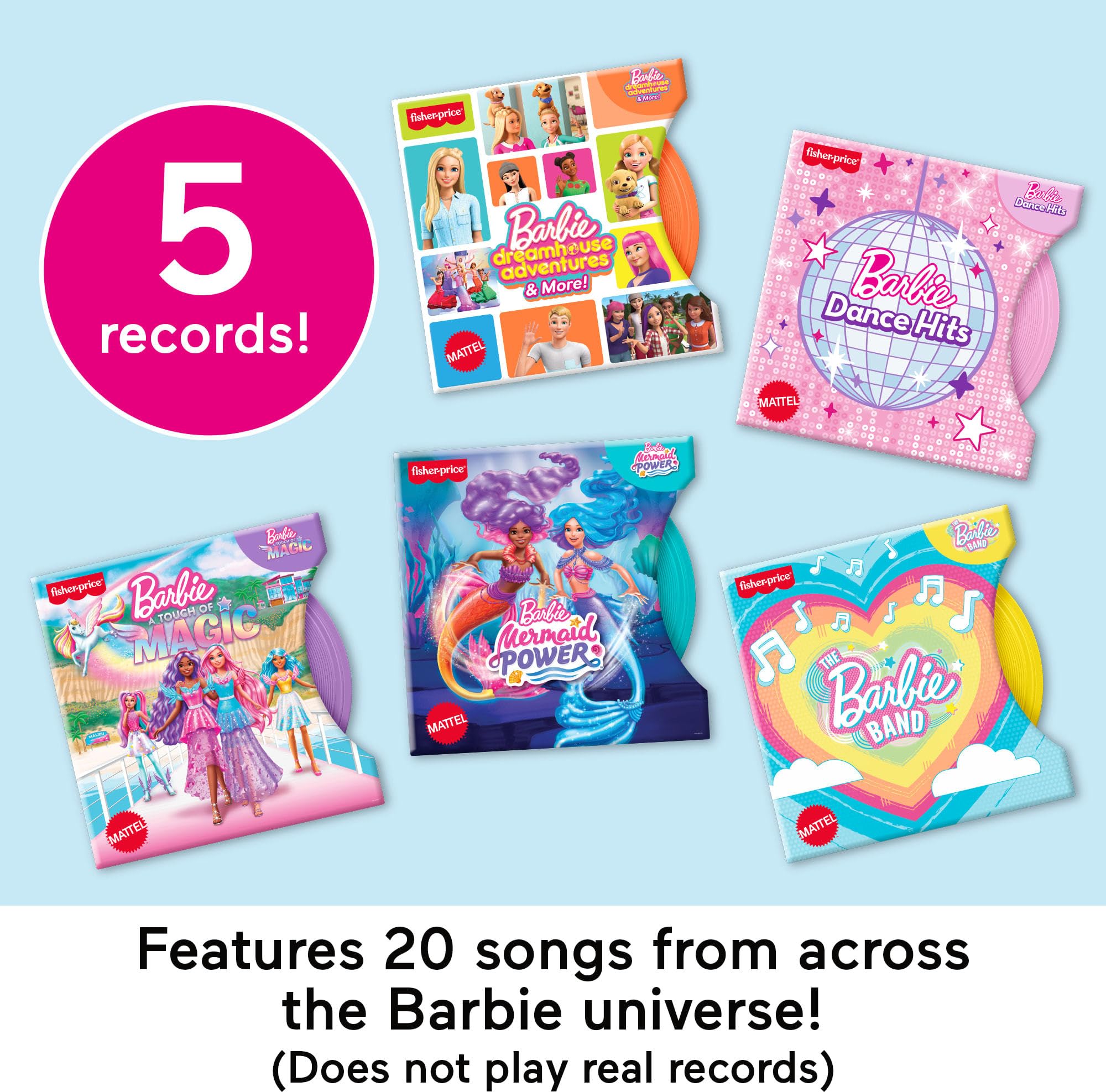 Fisher-Price Jouet musical Barbie tourne-disque avec 5 disques et support de présentation pour jeu de simulation préscolaire pour enfants à partir de 3 ans