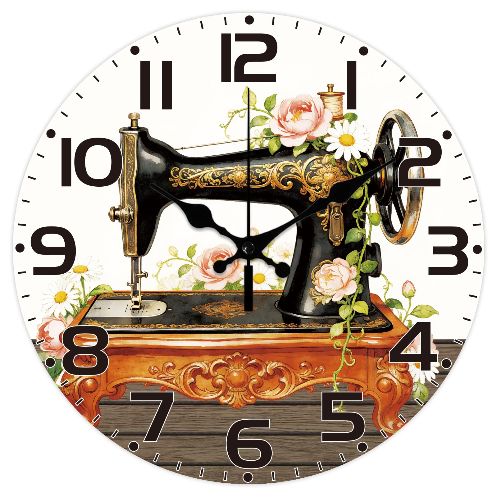CONCHLERY Retro Style Clock 12 Inch Non-Ticking Clocks Sewing Machine Round Wall Hanging Clock for Bedroom Living Room Kitchen Office, Flowers