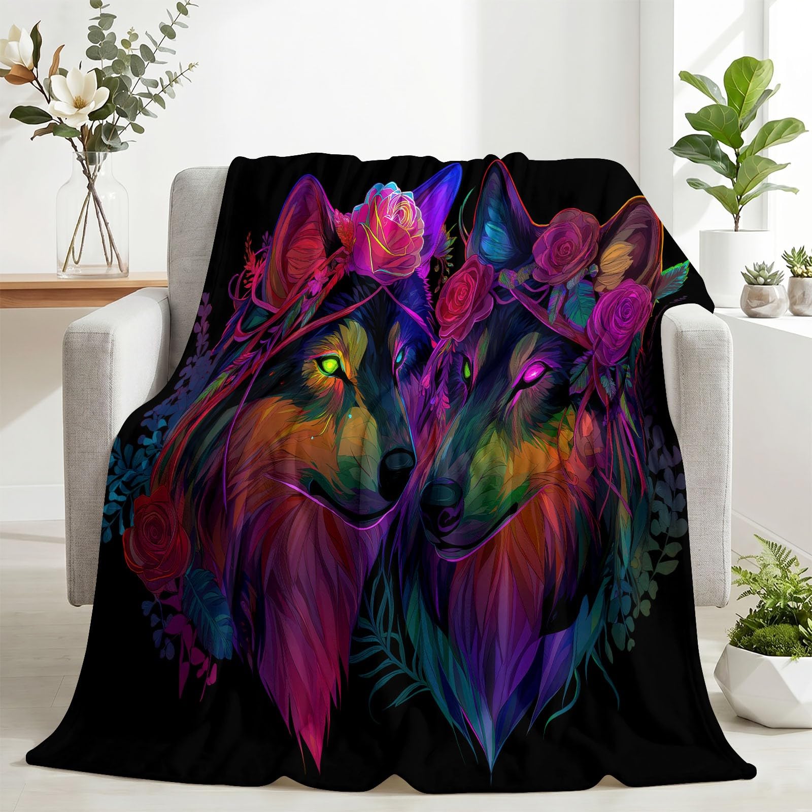 Lobo Rosas Neón Manta Suave Franela Polar