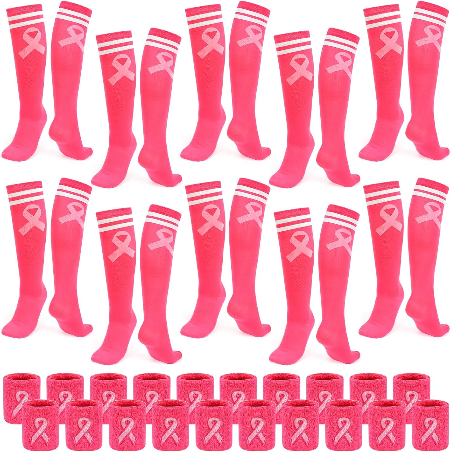Cumule 20 Pairs Breast Cancer Awareness Crew Socks and Wristbands Bulk Sets 10 Pairs Pink Ribbon Football Socks 10 Pairs Breast Cancer Wrist Sweatbands for Women Girls Sport Gifts