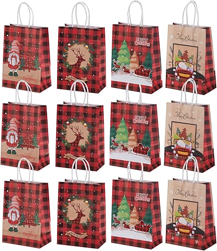 Maetrin 12 bolsas pequeñas de regalo de Navidad reutilizables, 4 estilos, bolsas de papel kraft de Navidad con asa a granel para regalos de fiesta