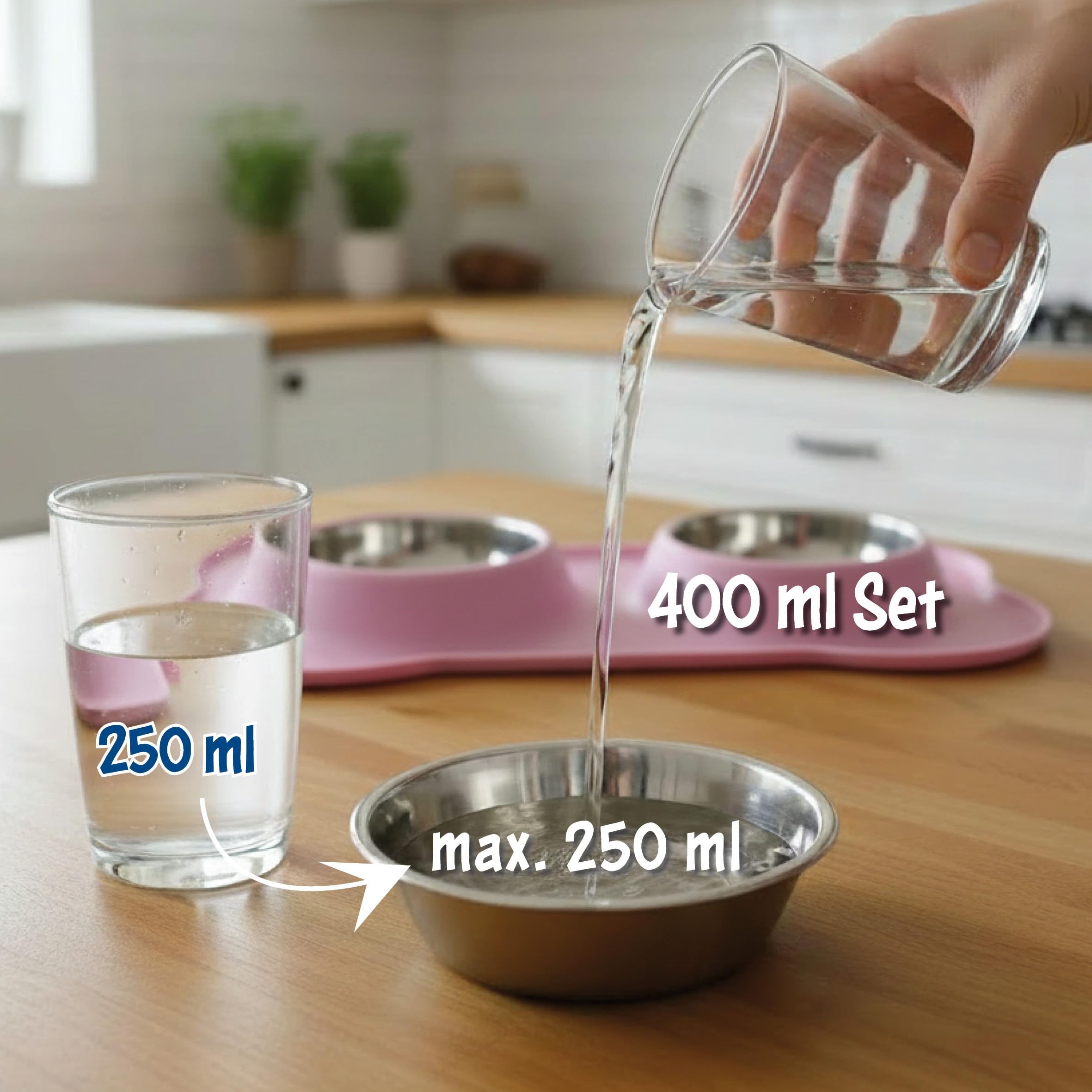 Napfunterlage mit Edelstahl Näpfen für Katzen & Hunde, 400ml, Rosa