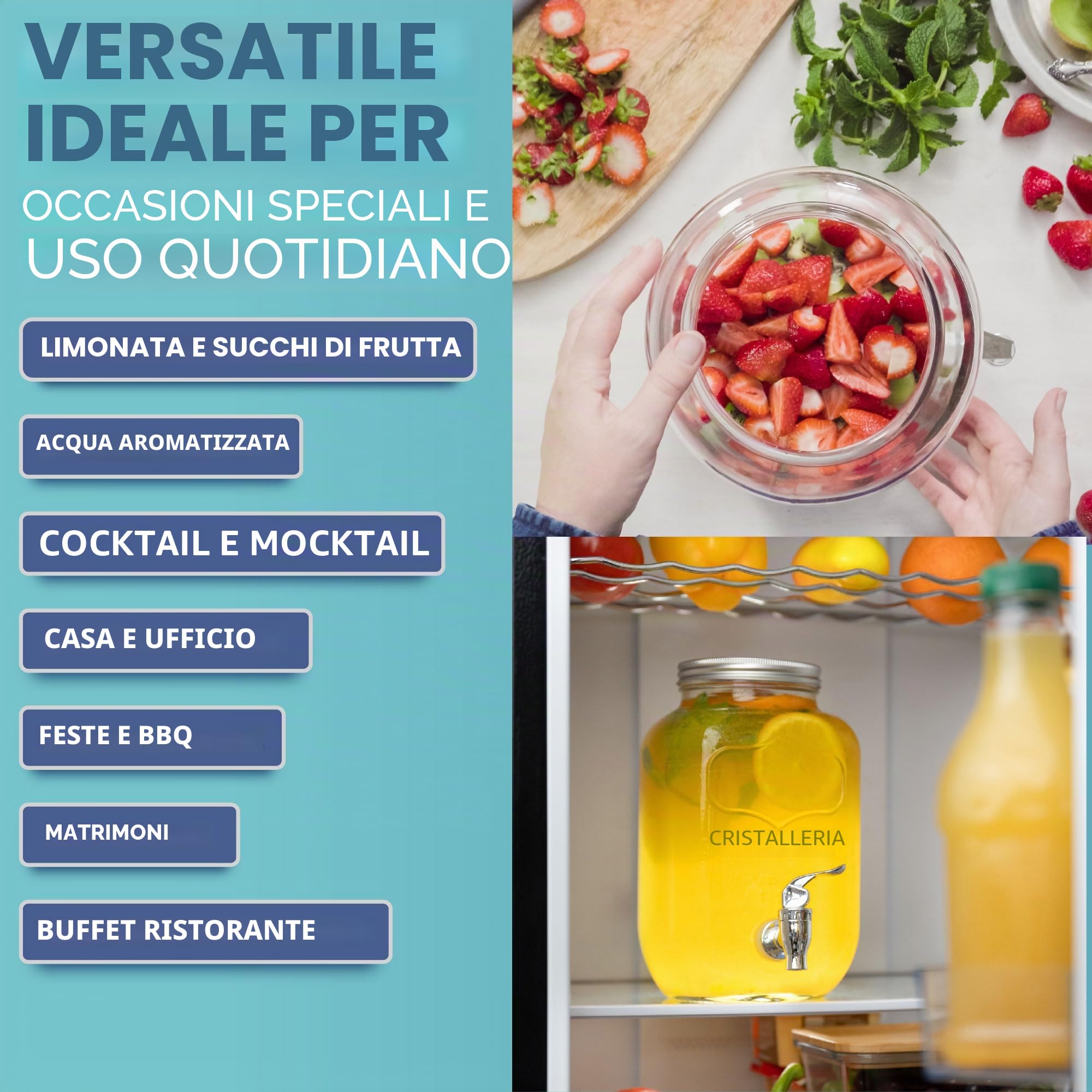 HEFTMAN Dispenser per bevande in vetro con rubinetto, barattolo da 4 litri, con rubinetto a tenuta stagna e supporto in filo metallico