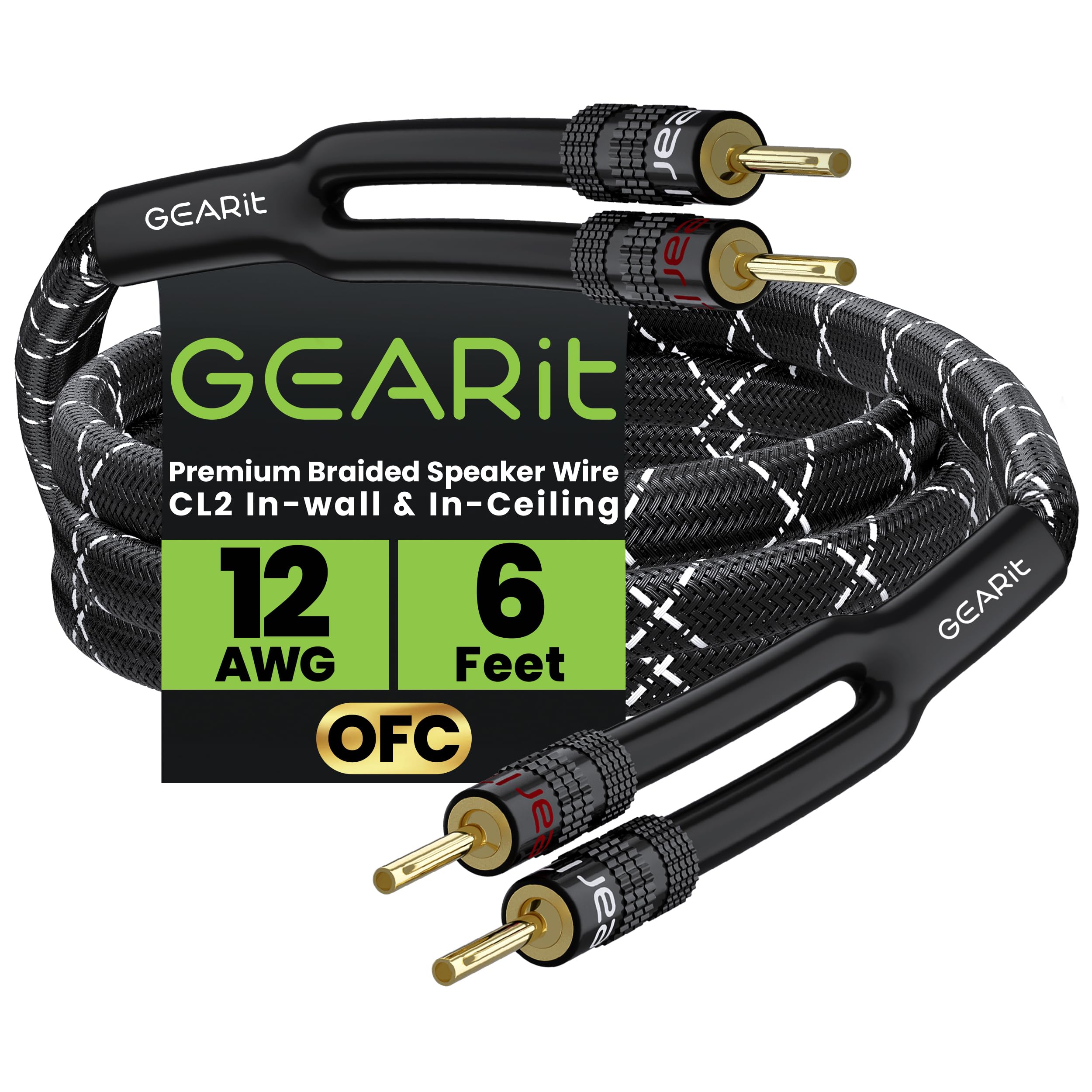 GearIT 12AWG Speaker Cable Wire with Gold-Plated Banana Tip Plugs (6 Feet) in-Wall CL2 Rated, Heavy Duty Braided, 99.9% Oxygen-Free Copper (OFC) - Black, 6ft