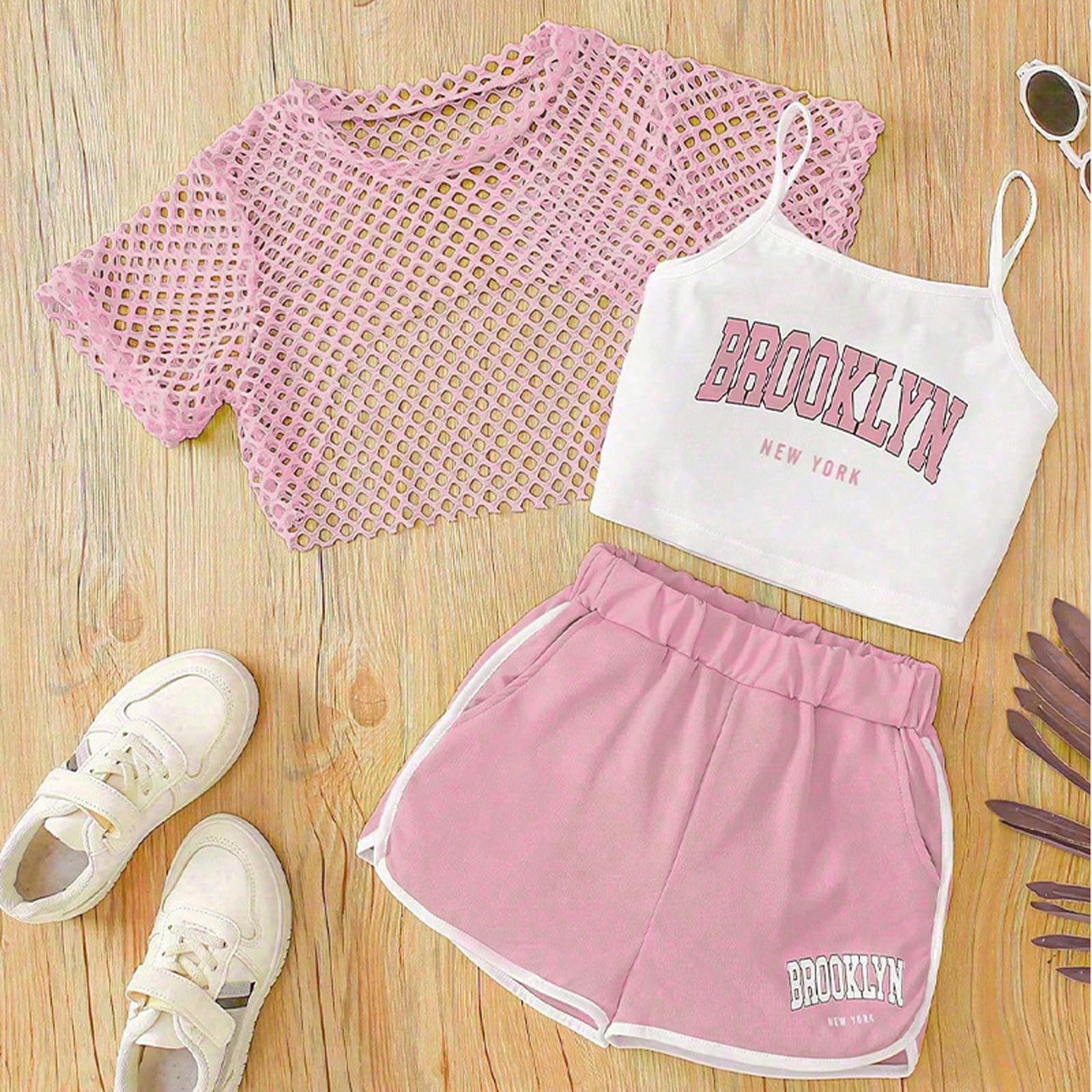 Completo estivo da bambina, 3 pezzi, con stampa di lettere, top senza maniche, maglietta a maniche corte e pantaloncini, completo casual per bambini piccoli. #20