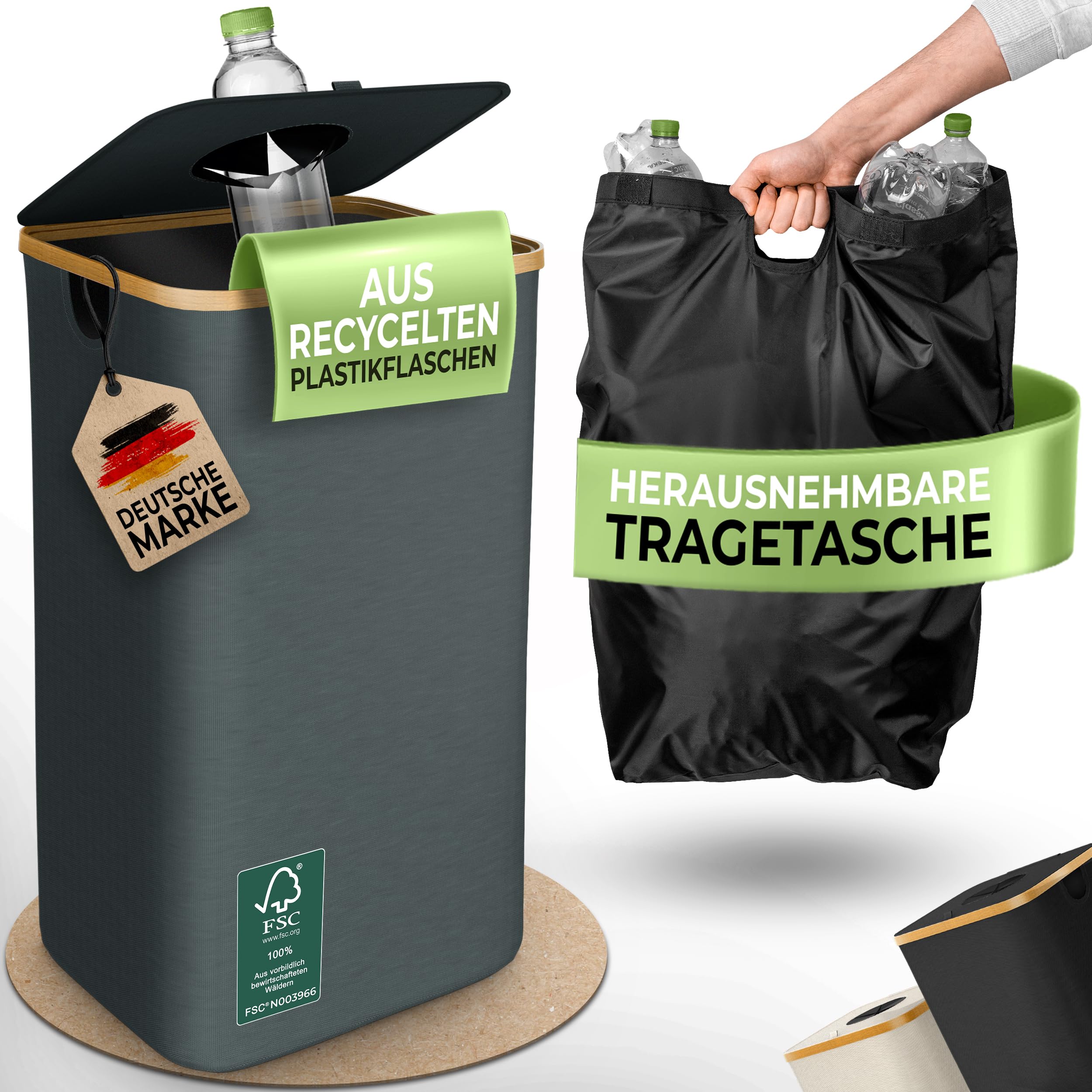 Der Glückstoff® Pfandflaschen Sammelbehälter bietet mit 100 Litern viel Platz und ein durchdachtes Einwurfdesign.