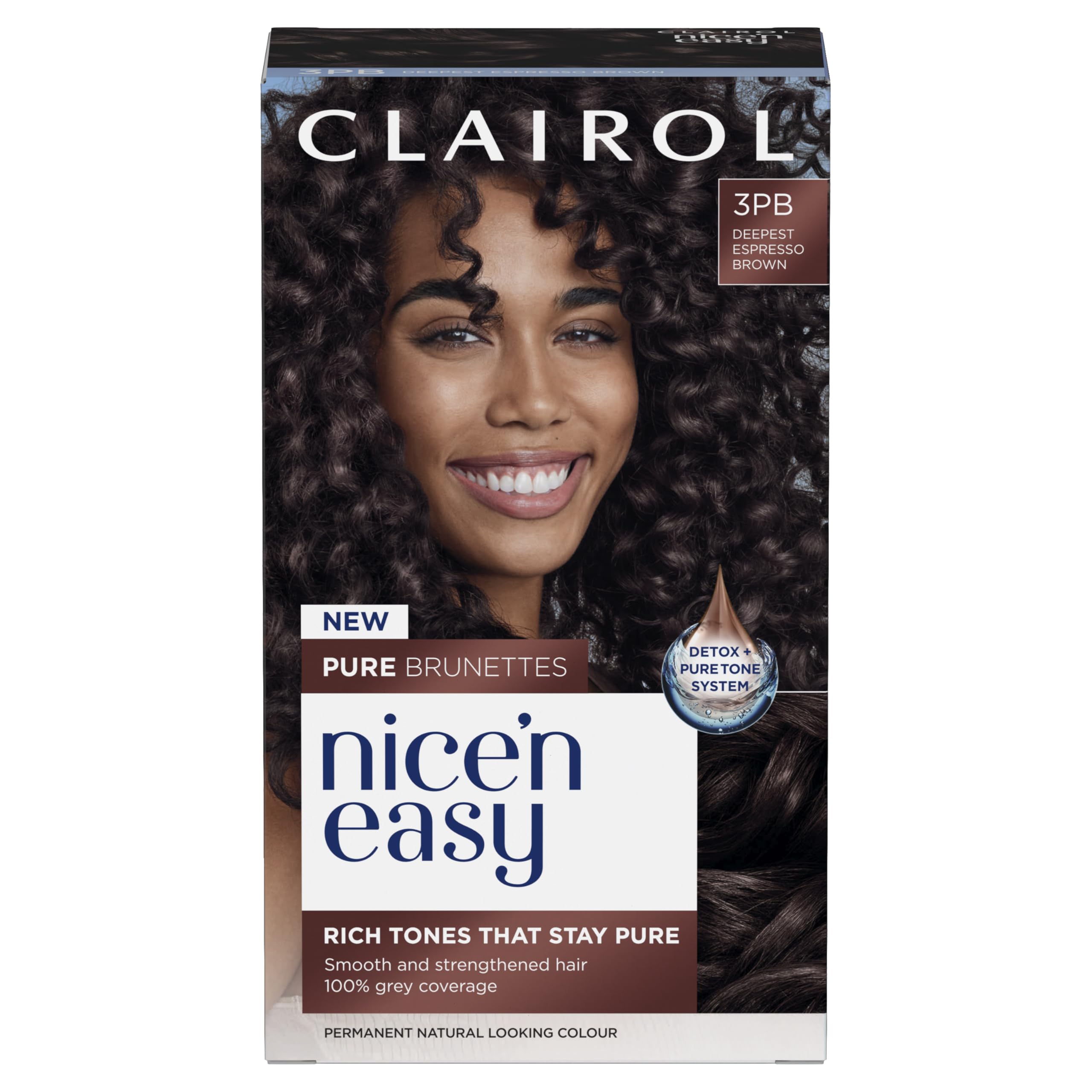 Clairol Nice n’ Easy Pure Brunettes Hair Colour | Pure and Rich Brown Tones | Smooth, Natural Hair Colour | With Pre-Colour Serum | 100% Grey Coverage | 3PB Deepest Espresso Brown | Permanent Hair Dye