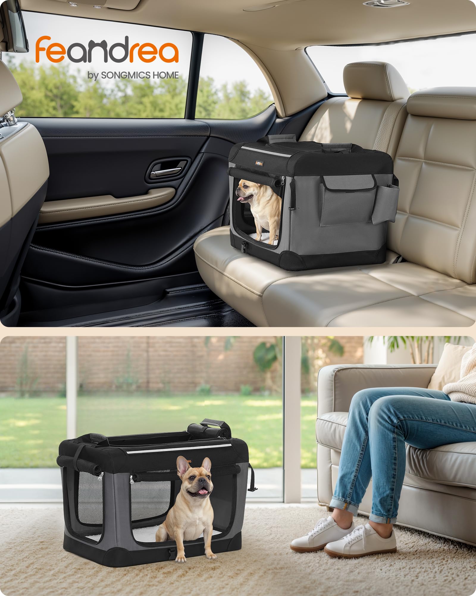 Feandrea Transportín para Perros, Plegable, 60 x 42 x 42 cm, para Perros Pequeños, Tela Oxford, Puertas de Malla, Asas y Bolsillo de Almacenamiento, Negro Tinta PDC016B01