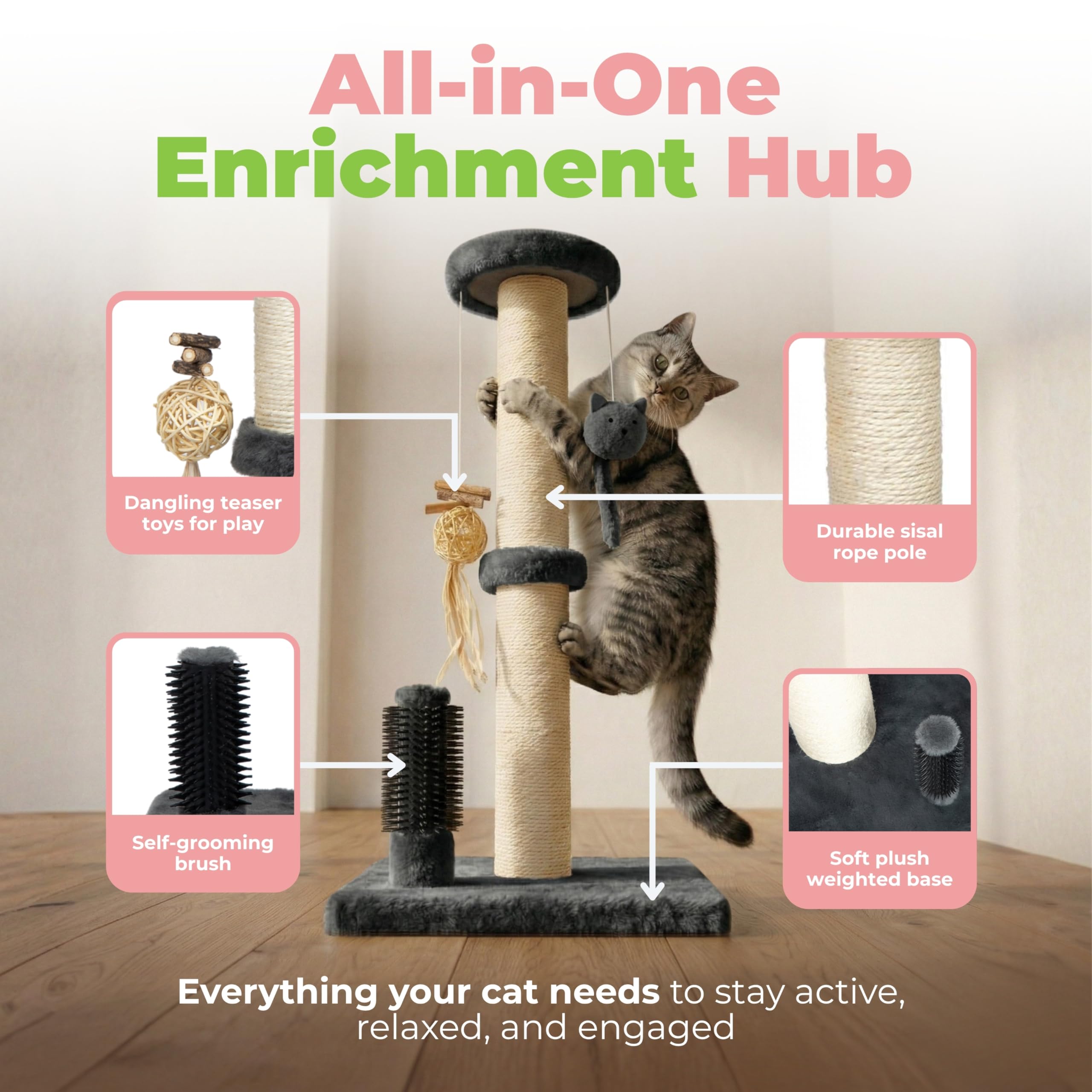 Best Pet Supplies Catify Interaktiver Kratzbaum für Katzen, Stangen, Krallensicher, Möbelschoner, Spielunterstützung, natürliches Katzenverhalten, strapazierfähig, grau, groß