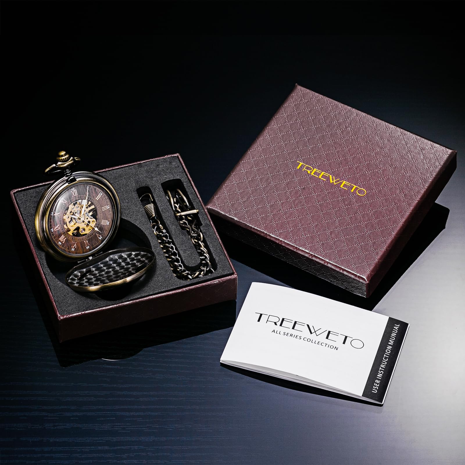 Treeweto - Antico orologio da taschino, da uomo, movimento meccanico visibile, cassa cava in bronzo, incisione effetto 3D di un treno a vapore, numeri romani