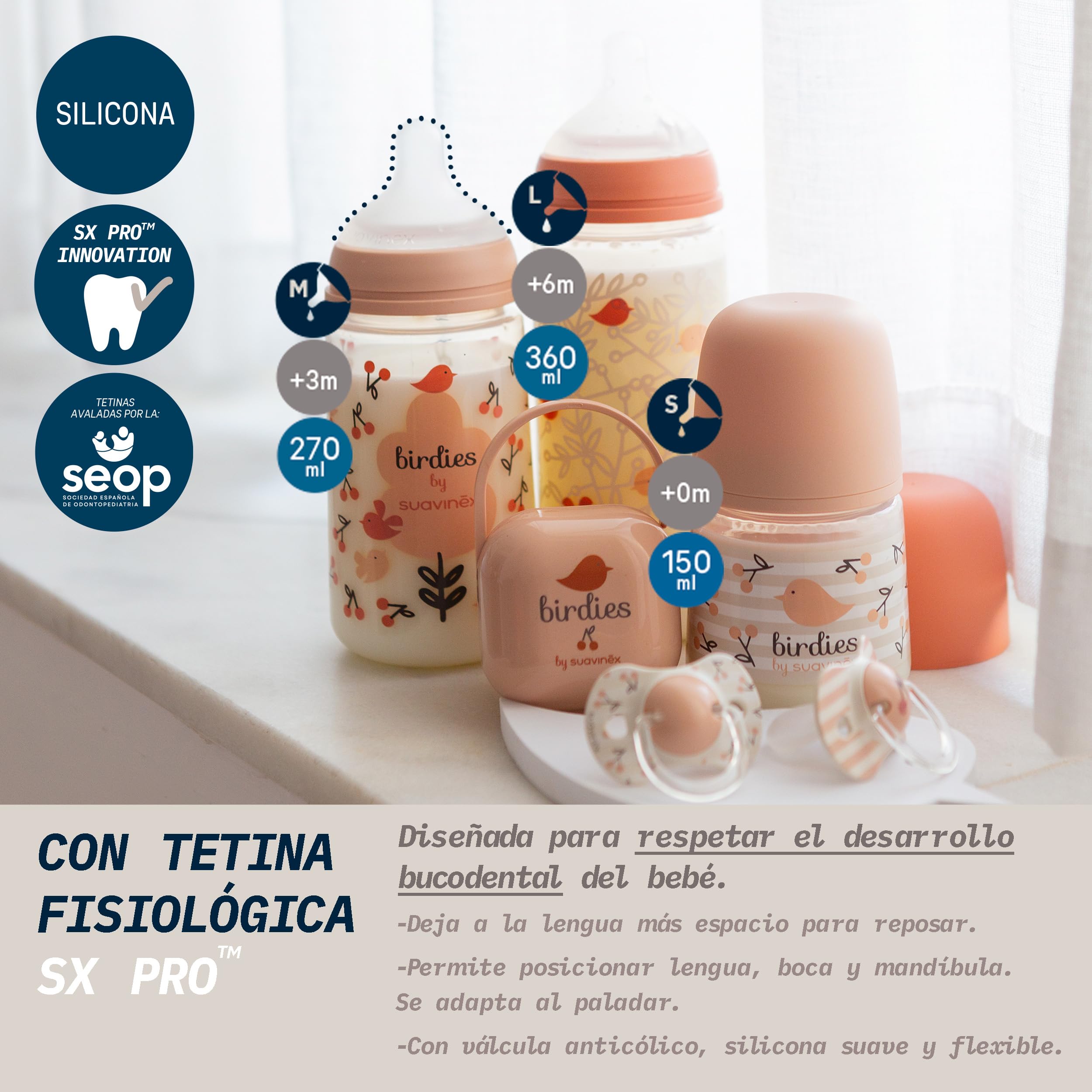 Suavinex, Confezione 2 Biberon da 270 ml, Tettarella Simmetrica SX Pro in Silicone con Valvola Anticolica, Flusso Medio, Liquido Densità Media, Latte, Succhi, Acqua. ​+3 Mesi.Birdies, Wild&Free, Rosa