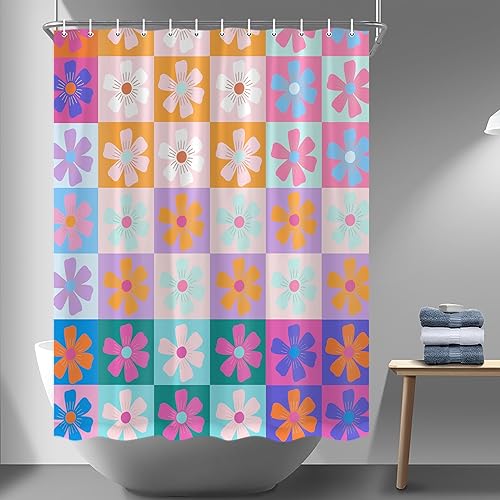 Cortina de ducha a cuadros retro con flores, colorida cortina de ducha moderna de mediados de siglo, moderna y divertida, estética bohemia, cortina