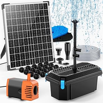 30W Solar Pond Filter with Fountain Pump, Pond Filters for Outdoor Ponds with 430GPH Pond Pump & 4 Fountain Heads and 6.5Ft PVC Tubing for Garden Water Features Waterfall Koi Pond
