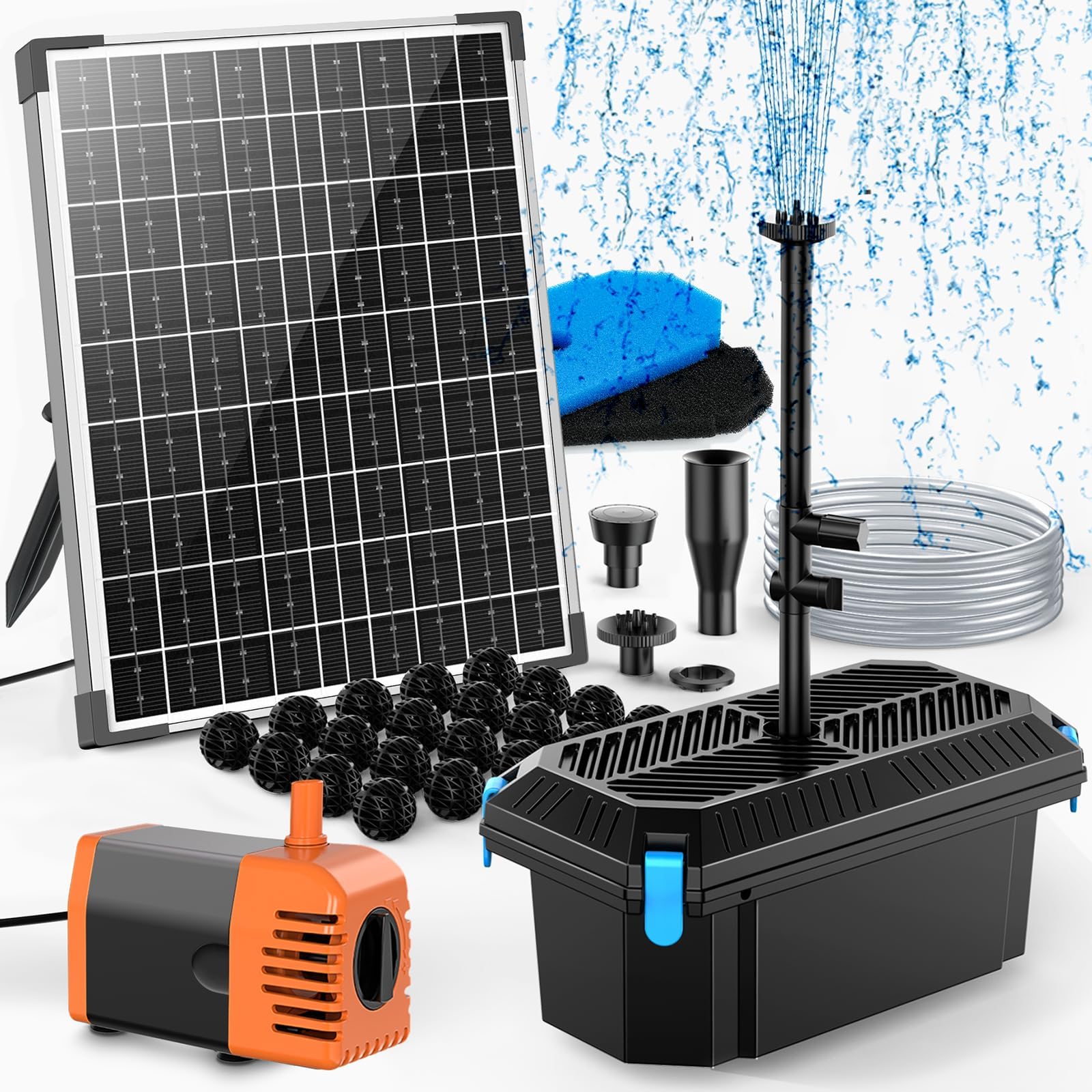 30W Solar Pond Filter with Fountain Pump, Pond Filters for Outdoor Ponds with 430GPH Pond Pump & 4 Fountain Heads and 6.5Ft PVC Tubing for Garden Water Features Waterfall Koi Pond