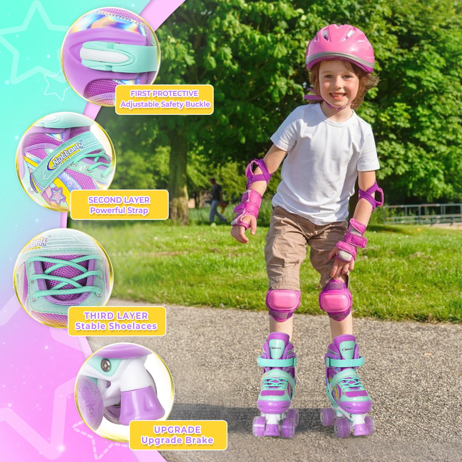 Nattork Girls Roller Skates for Kids, 4 Size Adjustable Rainbow Quad Skates with All Light Up Wheels - Best Birthday Gift for Outdoor Sports