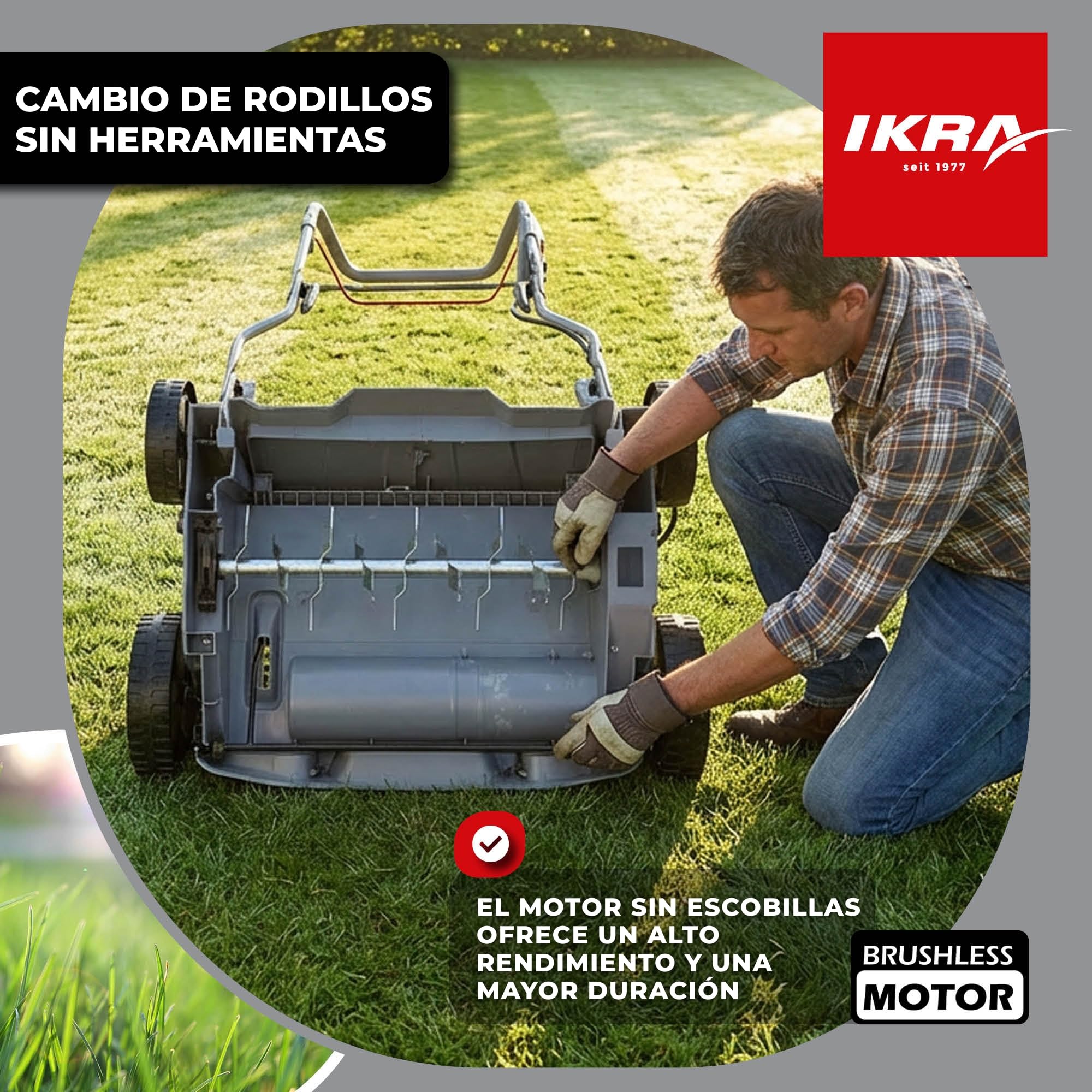 IKRA escarificador y aireador a batería 3 en 1 IAVL 2-2040, ancho 40 cm | Incluye 2 baterías de 20 V y 4 Ah y cargador rápido, cesta de recogida de 40 l, +3 a -12 mm, gama de baterías de 20V de IKRA