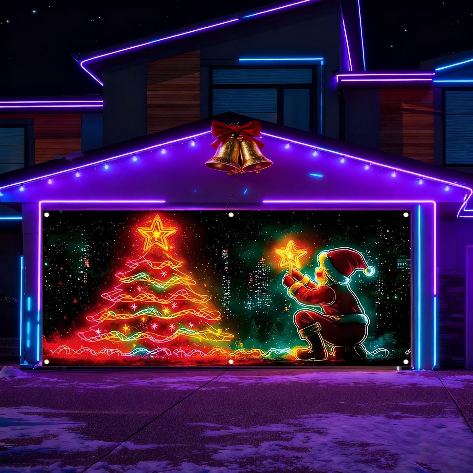 Banner fluorescente para puerta de garaje, festivas, festividades, para fiestas, 157 x 71 pulgadas, fondo de fotografía de Papá Noel