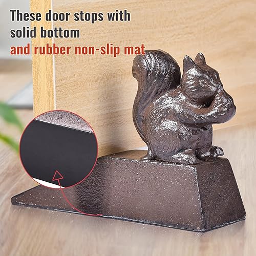 Miniatura 2 de Sungmor Topes de puerta de hierro fundido sólido con alfombrilla antideslizante potente resistencia y ardilla linda y estilo antiguo cuña decorativa