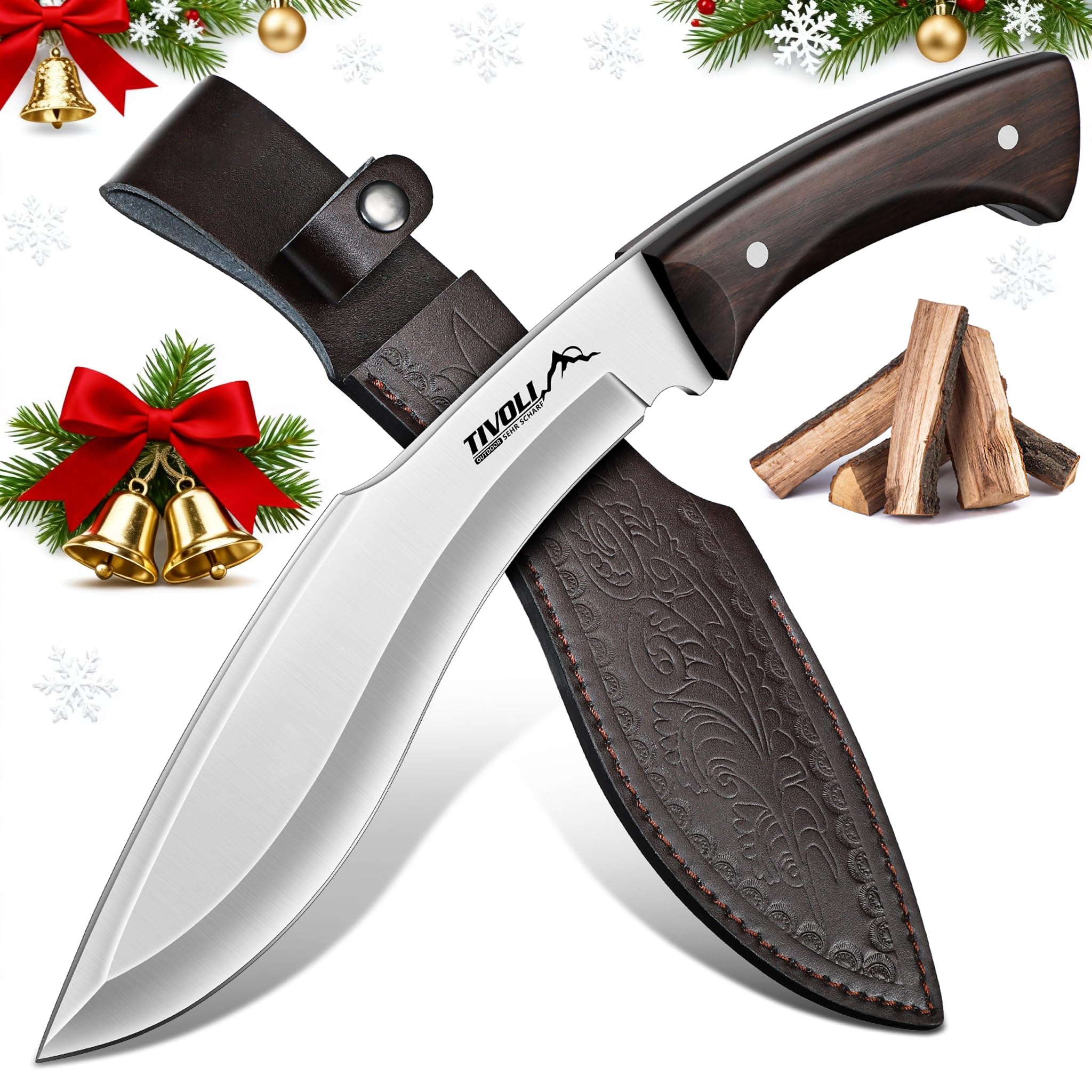 TIVOLI Kukri Fixed Blade Knife - Full Tang Survival Knife with Sheath, Heavy-Duty Hunting Knives for Camping, Bushcraft, Gardening & Outdoor Adventures – Great Christmas Gift for Men and Women