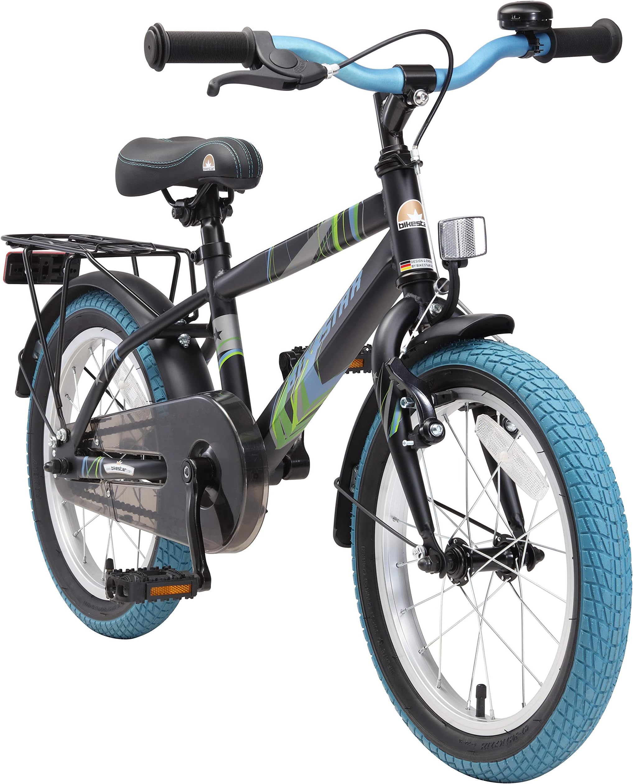 BIKESTAR® Premium Safety Sport Kids Bike Bicycle with sidestand and accessories for age 4 year old children | 16 Inch Modern Edition for boys | Black & White
