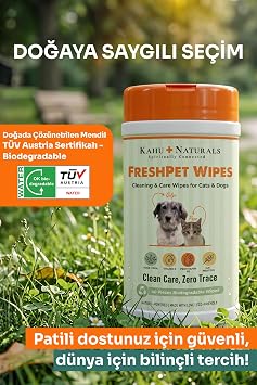 Kahu Naturals Pati, Tüy, Vücut Temizleme Mendili, Kedi ve Köpek, Doğada Çözünür, Aloe Vera, Vitamin E ve B5, Yulaf Proteini, 40 Adet