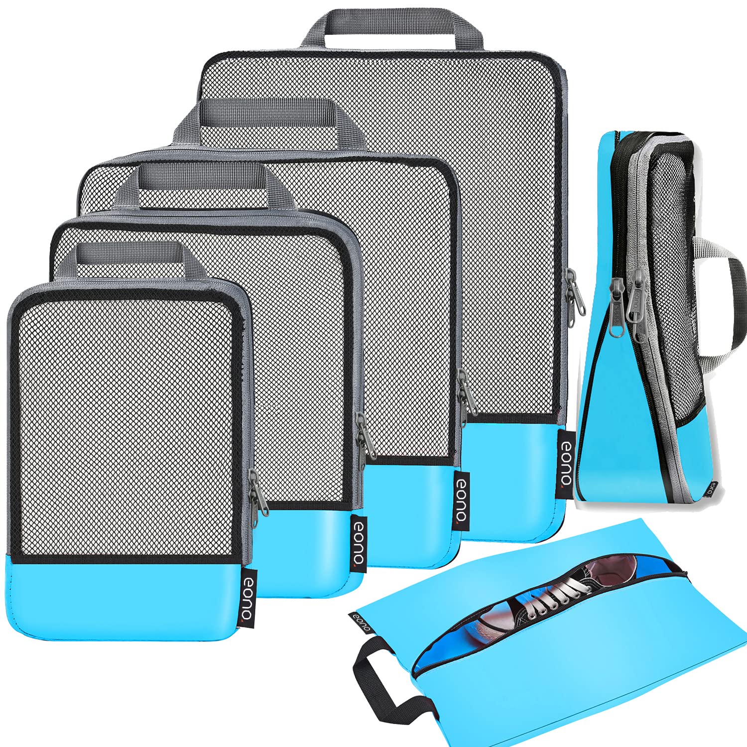 Amazon Marke: Eono Essentials Komprimierbaren Packwürfeln zur Organisation Ihres Reisegepäcks, Compression Packing Cube, Packtaschen Set & Gepäck Organizer für Rucksack & Koffer, Blau, 6-teilig