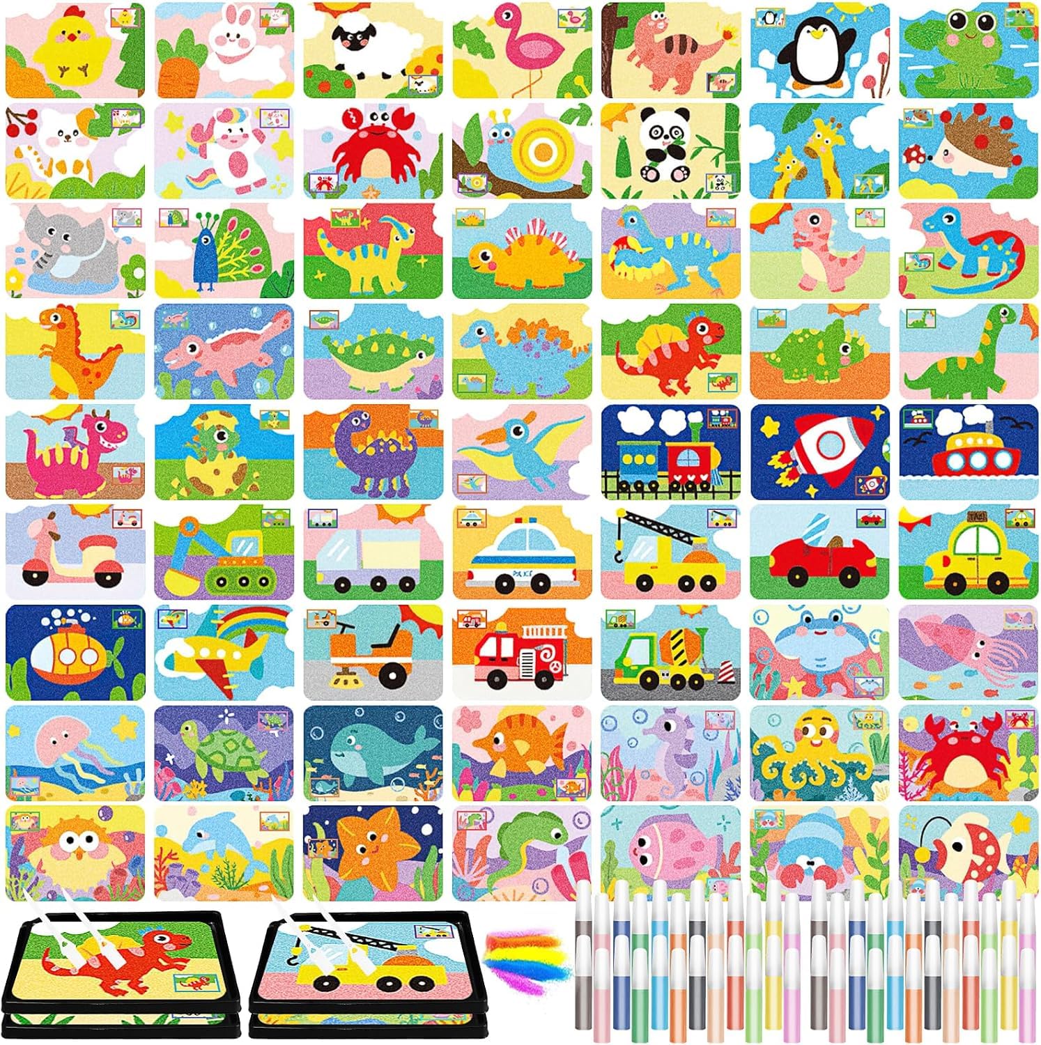 119 Pcs Sand Art Kits Color Sand Pictures Peel and Stick 12 Color Kit 63 Pcs Painting Board 4 Painting Tray 4 Brush 48 Art Bottles for Arts and Crafts, DIY Drawing