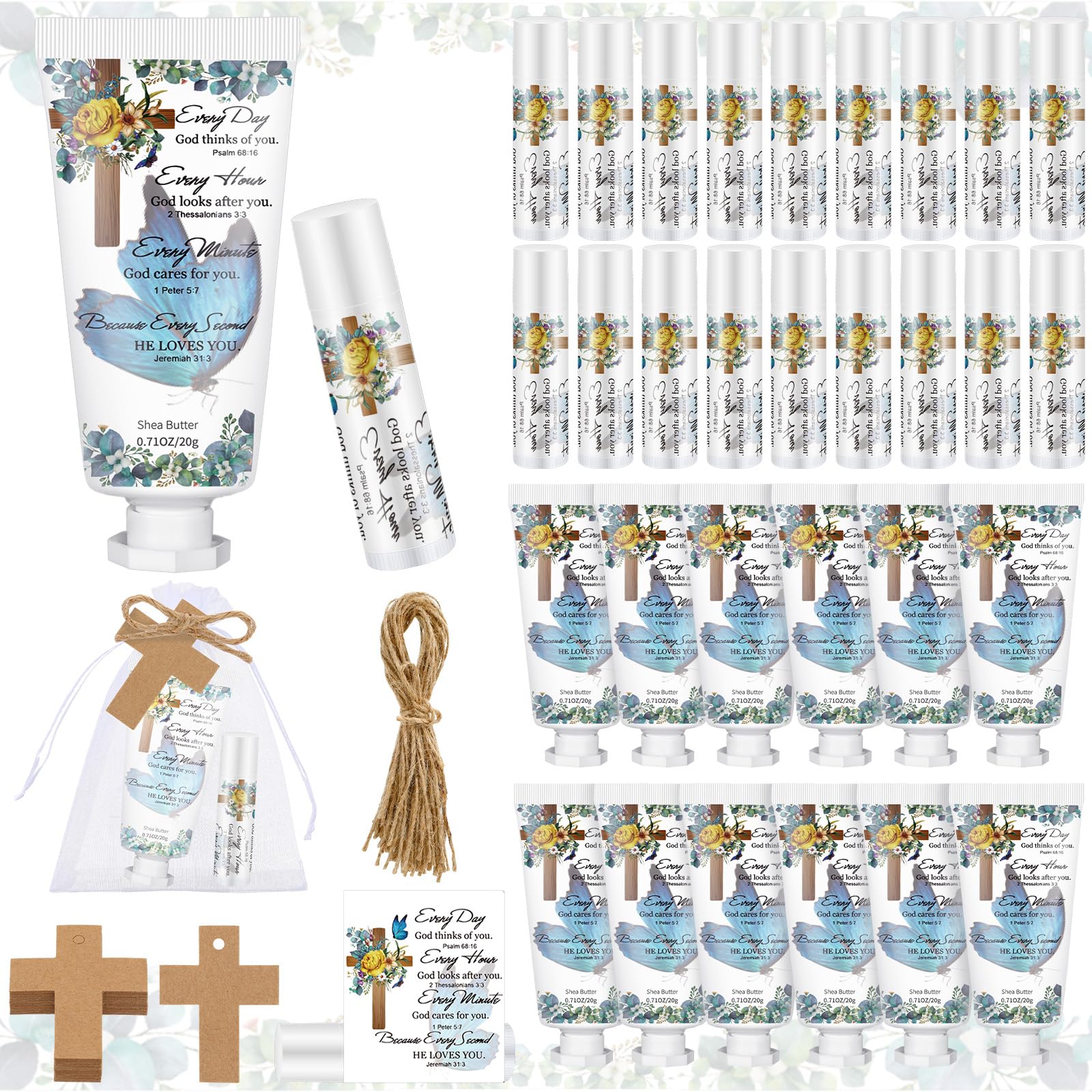 Heigble 144 Pcs Christian Lip Balm Hand Cream Set Party Favors, Include 36 Bible Verse Lip Balm 36 Biblical Cross Moisturizing Hand Cream 36 Bags 36