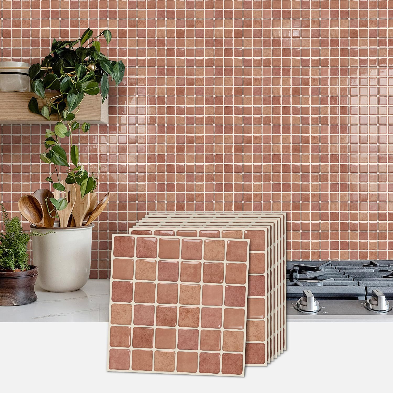 Alwayspon 15x15cmx10Pcs 3D Mosaic Self Adhesive Wall Tile Sticker Transfers, Peel and Stick Adhesive Waterproof Splashback Stick on Tile Decals for Kitchen Bathroom Wall, Deep Pink — image 1