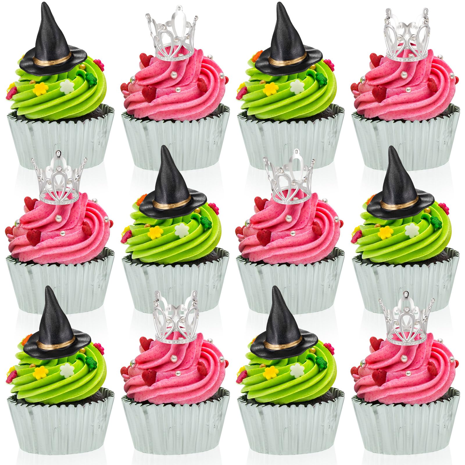 Geelin 12 Pcs Witch Hat Cupcake Topper Crown Tiara Cupcake Topper Dessert Food Safe Cake Decorations for Cakes Birthday's Celebrations Princess Themed Party Decorations