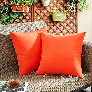 puredown® Outdoor Waterproof Throw Pillows, 16 x 16 Inch Feathers and Down Filled Decorative Square Pillows for Garden Patio Bench, Pack of 2, Orange