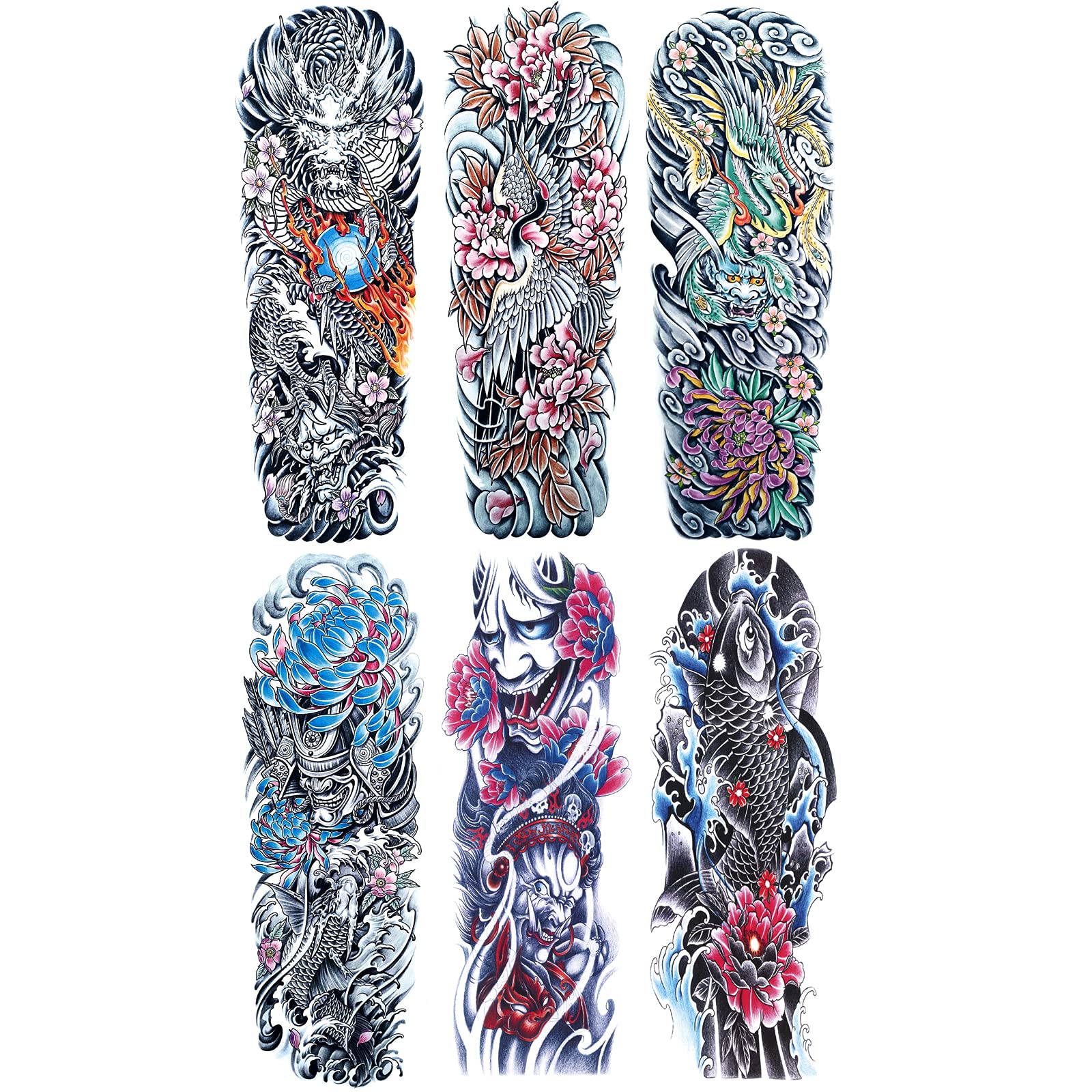 6 Sheets Full Arm Temporary Tattoo Sleeves for Men Women, Realistic Fake Tattoo Sleeves, Japanese Style Dragon, Phoenix, Koi Fish, Samurai Temporary Tattoo Stickers for Cosplay and Halloween