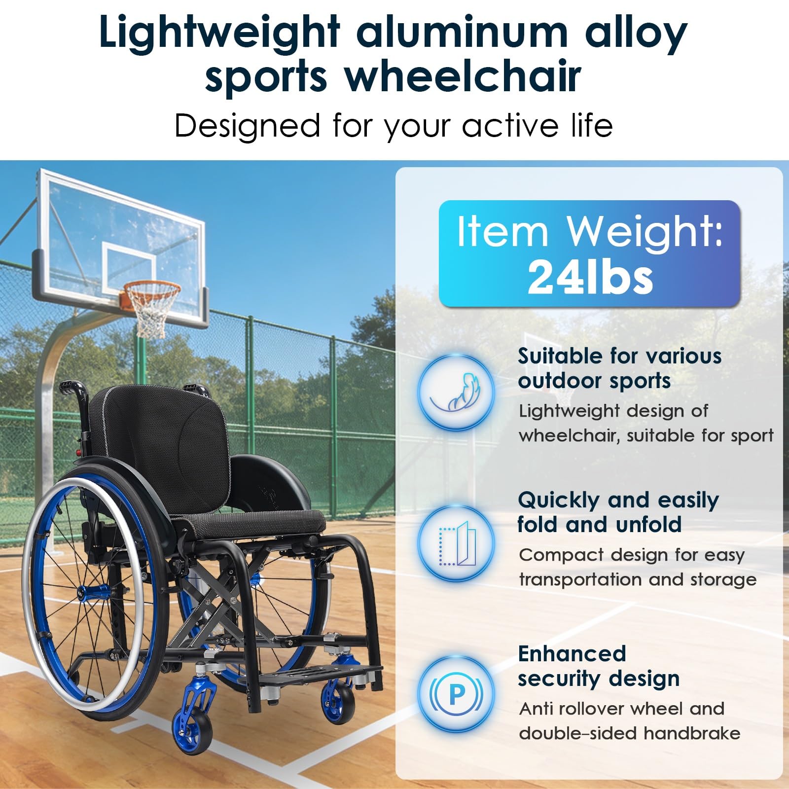 Silla de ruedas manual ligera, silla de ruedas deportiva ultraligera portátil todo terreno, silla de ruedas plegable, sillas de ruedas de transporte con antivuelco(Blue B,40cm/15.7in)