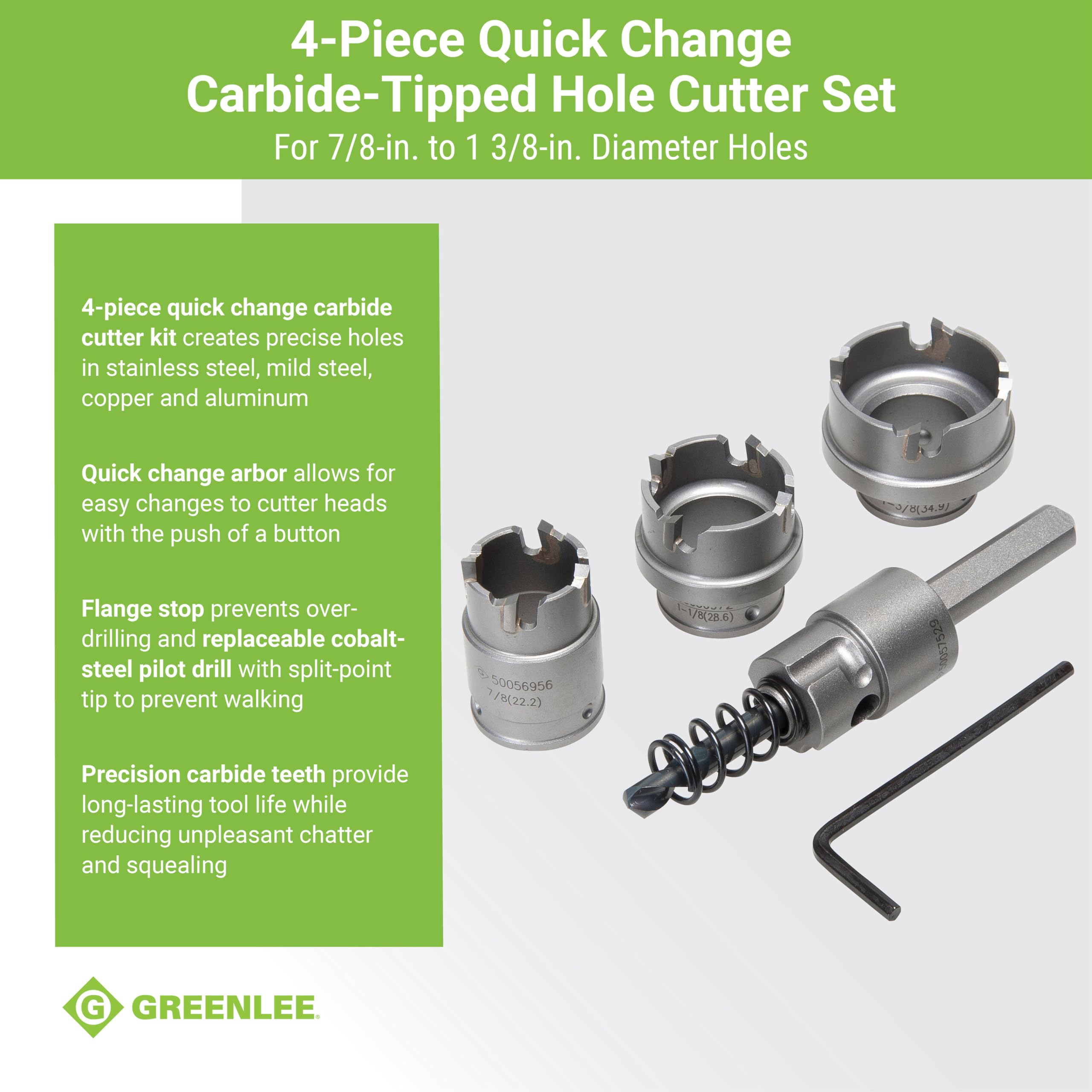 Hole Cutter Kit, 6 Pc, Tungsten Carbide, Stainless Steel, 3/8" Hex - Image 3