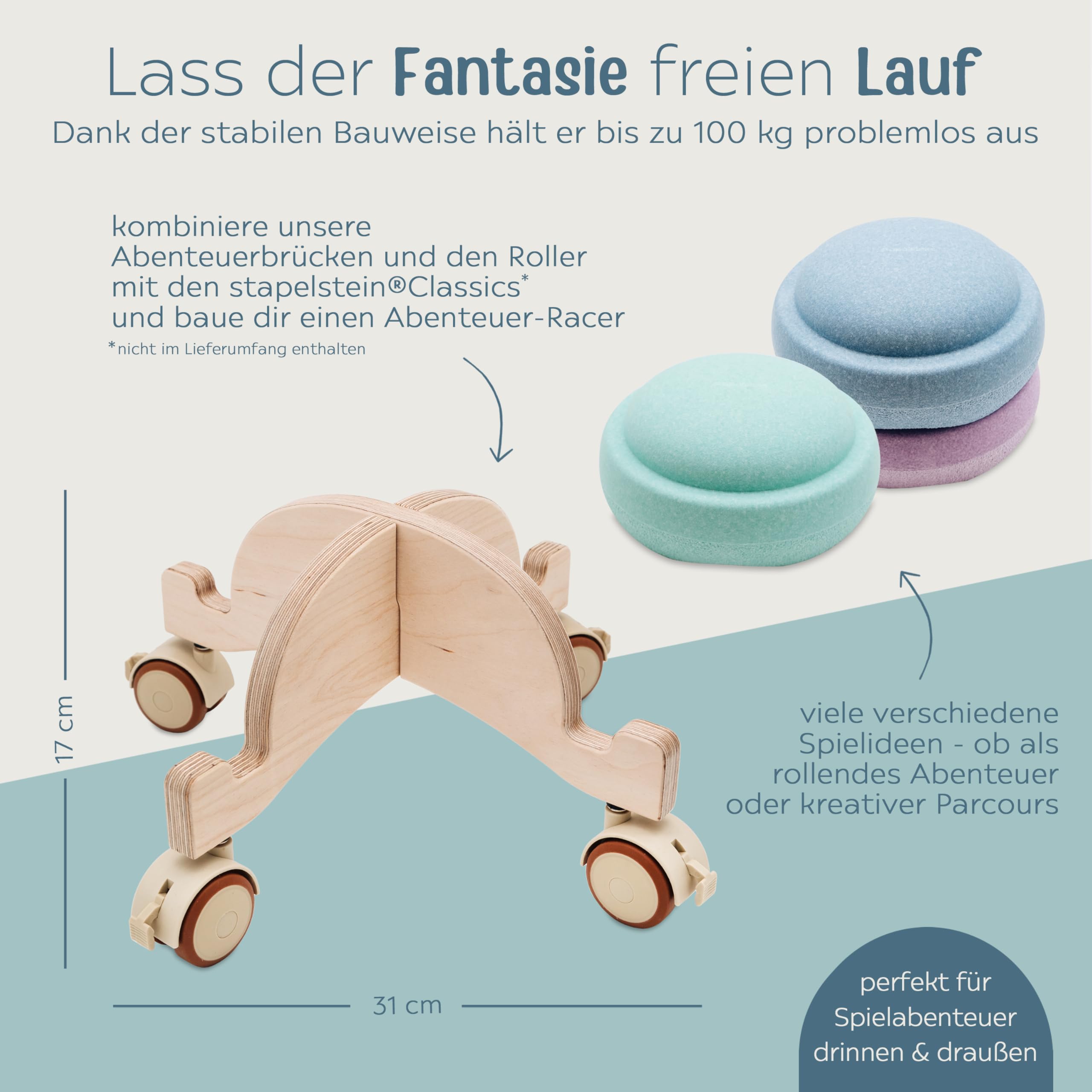 wunderwunsch Abenteuerroller für Stapelsteine® als Motorikspiel aus der Stapelwelt zum Rollen mit Feststeller rutschfest aus Holz als ideales Zubehör zum Spielen