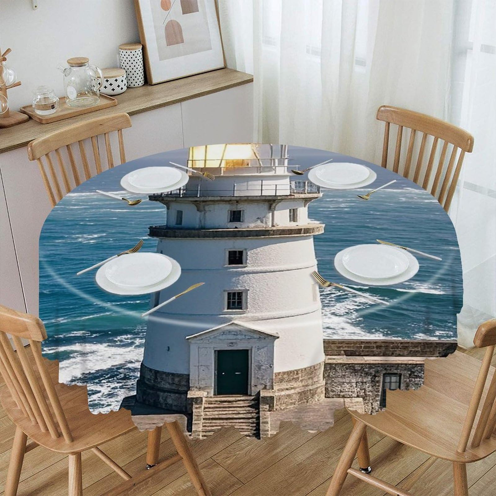 FekiLoot 60 Inch Round Lighthouse Sandbeach Tablecloth Waterproof Heavy Duty Polyester Table Cloth Spill-Proof Wipeable Table Cover Decorative Circle Dining Tablecover for Party Outdoor